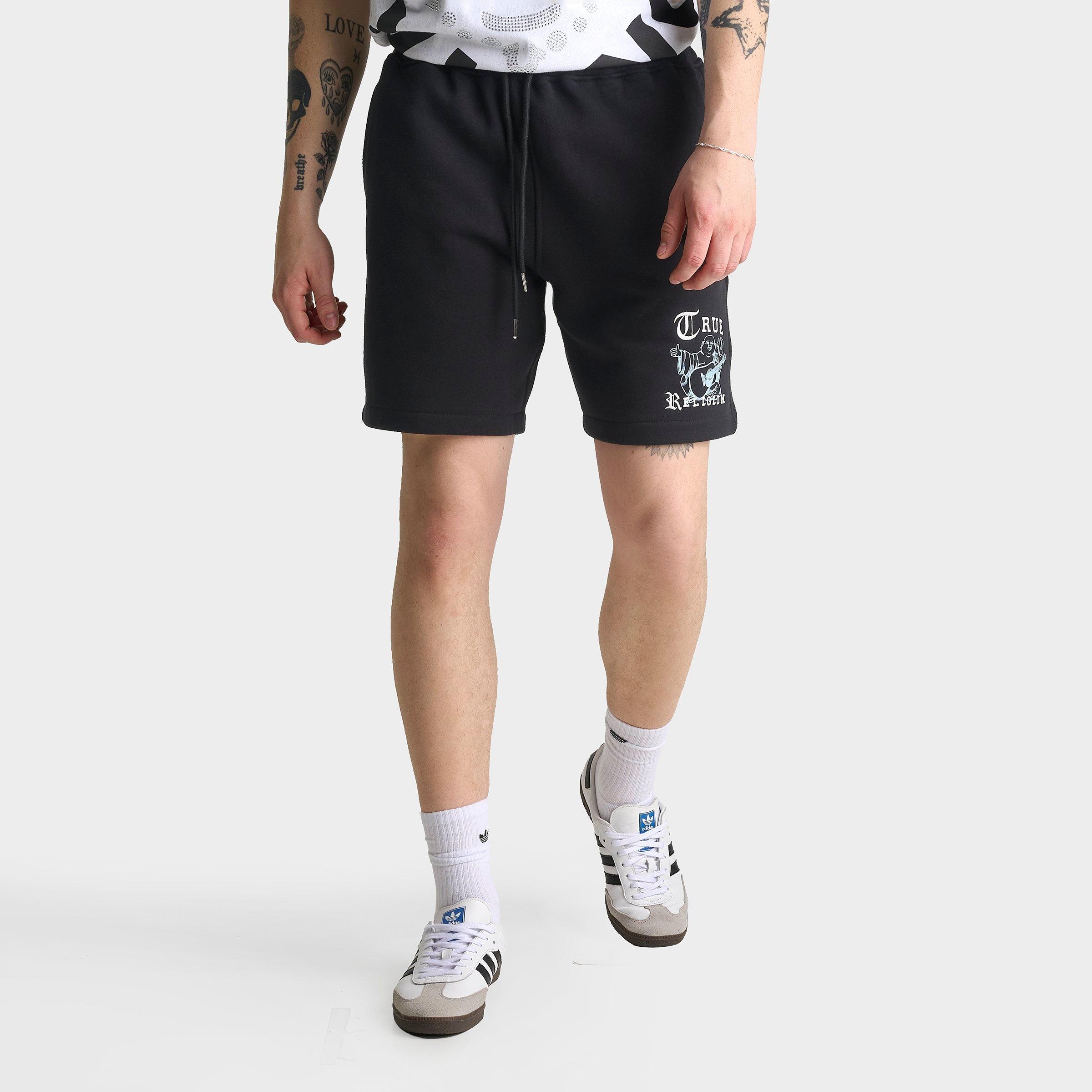 True Religion Men's Buddha Old English Logo Fleece Shorts in Black/Bluebell Size: Medium