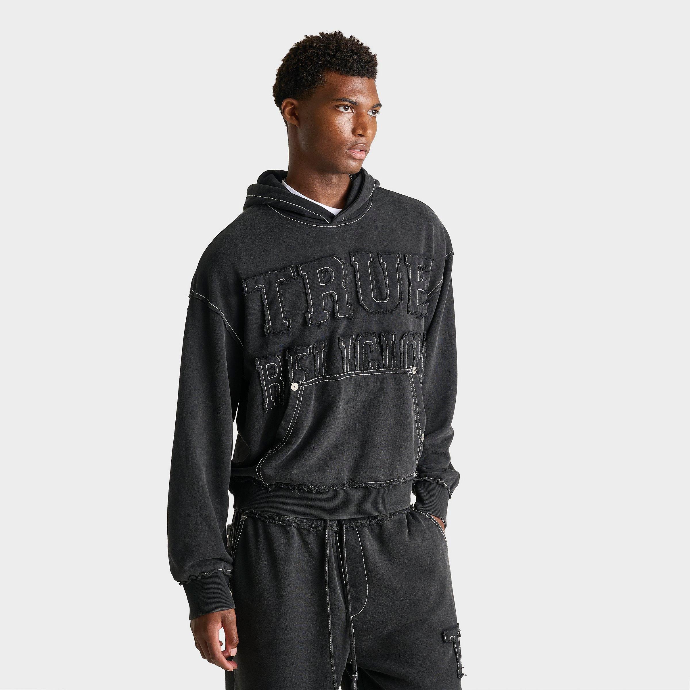 True Religion Men's Logo AppliquÃ© Big T Boxy Hoodie in Black Size: Large