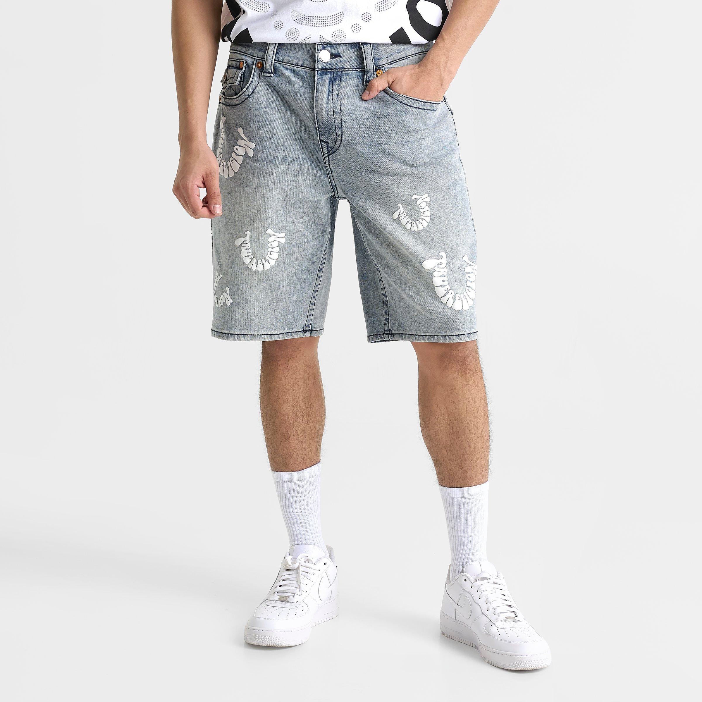 True Religion Men's Warped Logo Denim Jean Shorts in Washed Blue Size: 30