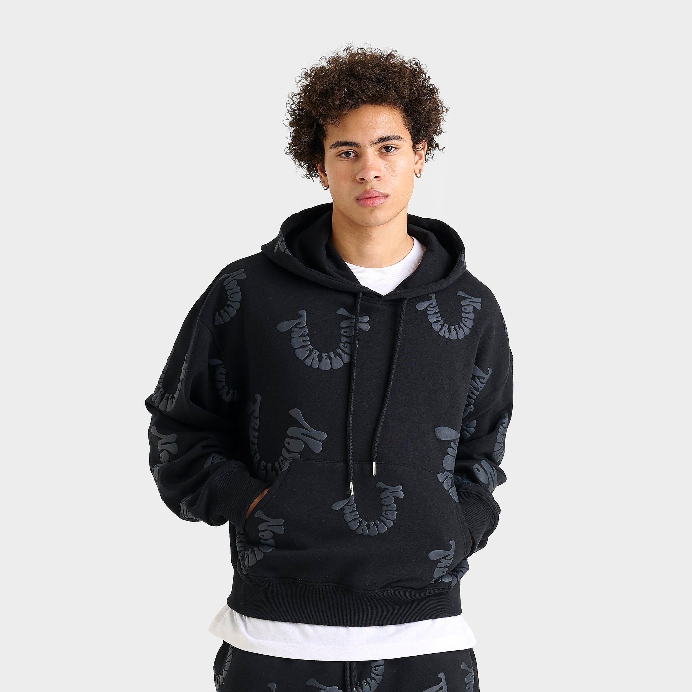 True Religion Men's Warped Logo Fleece Pullover Hoodie in Black Size: Small