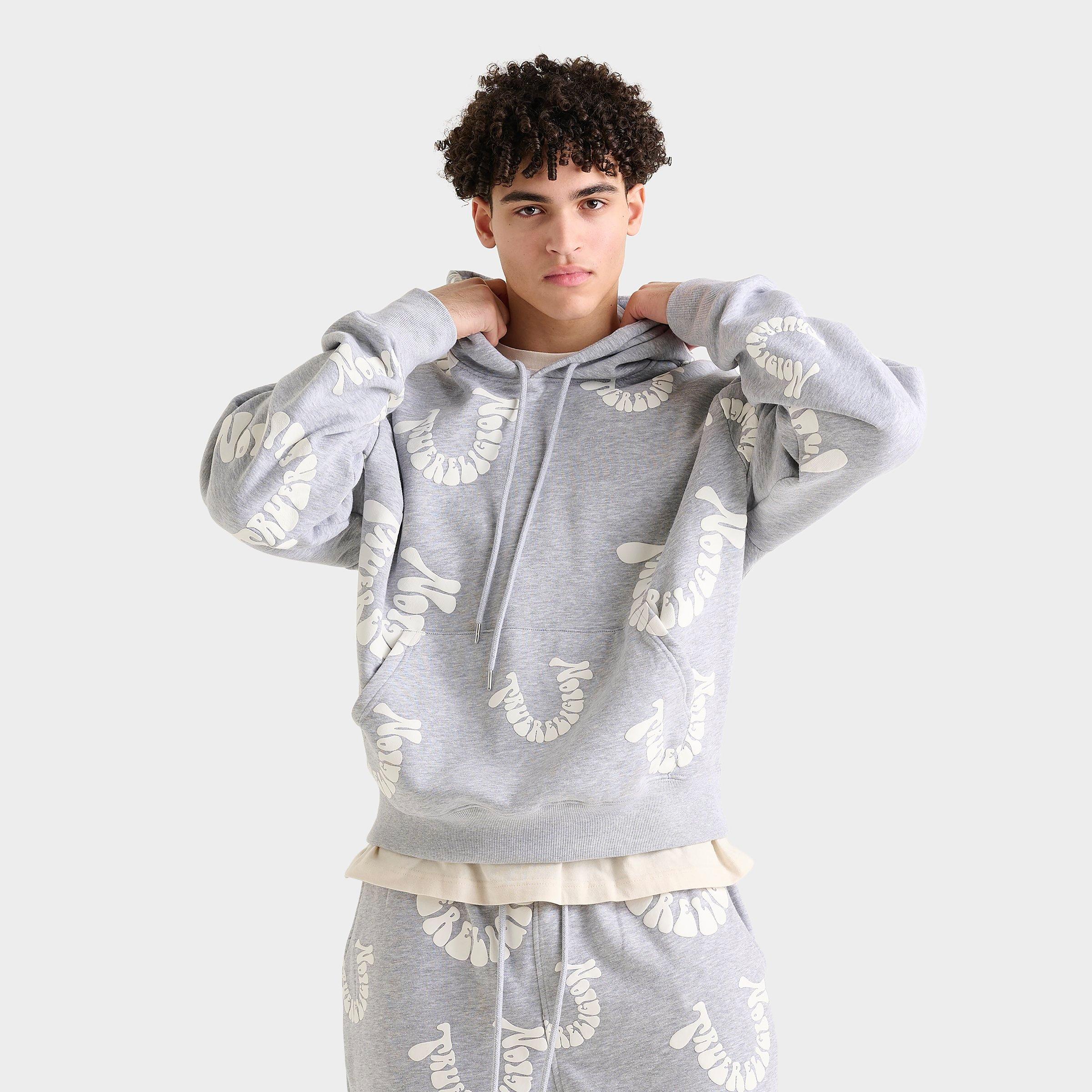 True Religion Men's Warped Logo Fleece Pullover Hoodie in Grey Heather/White Size: Small