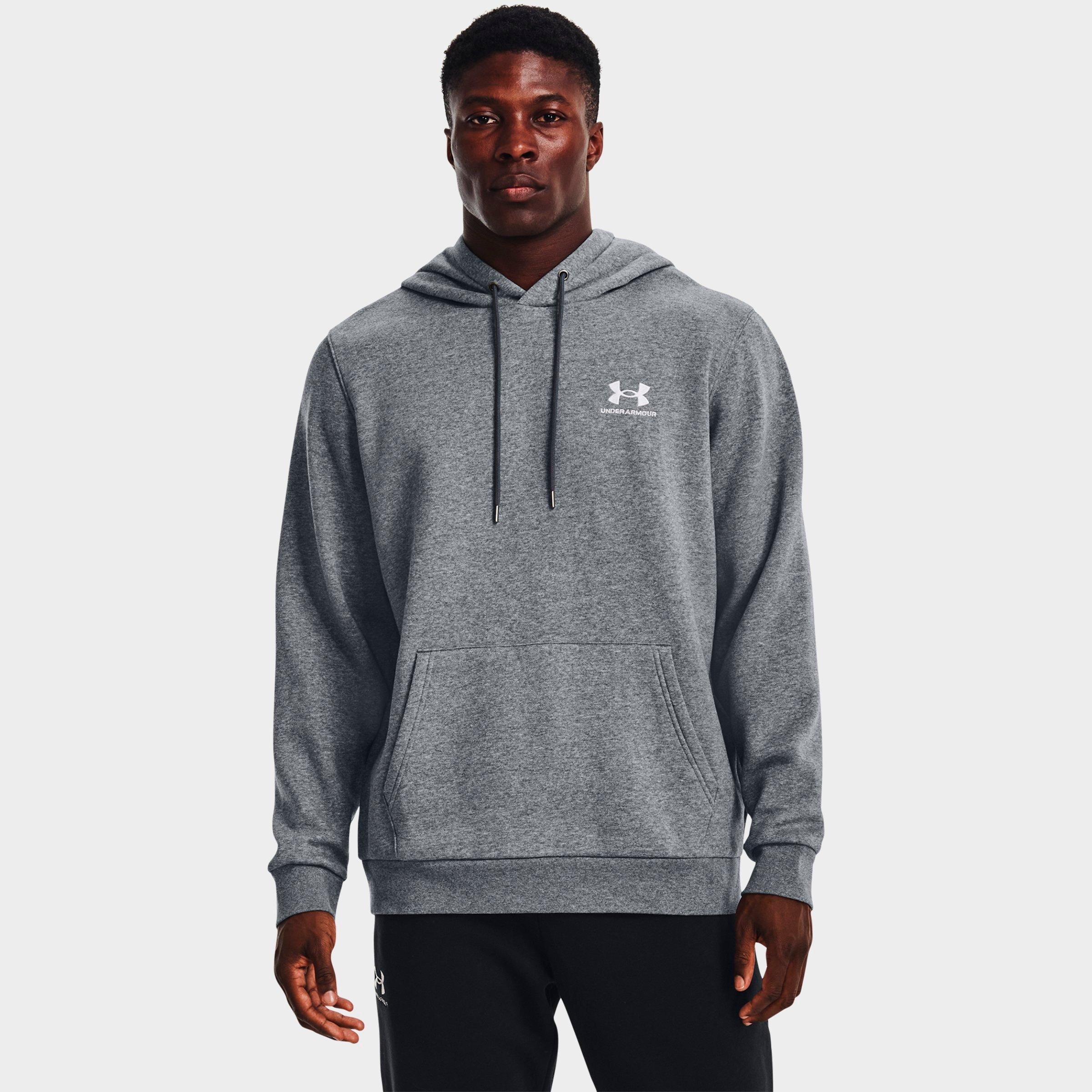 Under Armour Men's Essential Icon Fleece Hoodie in Pitch Grey Medium Heather/White Size: XS