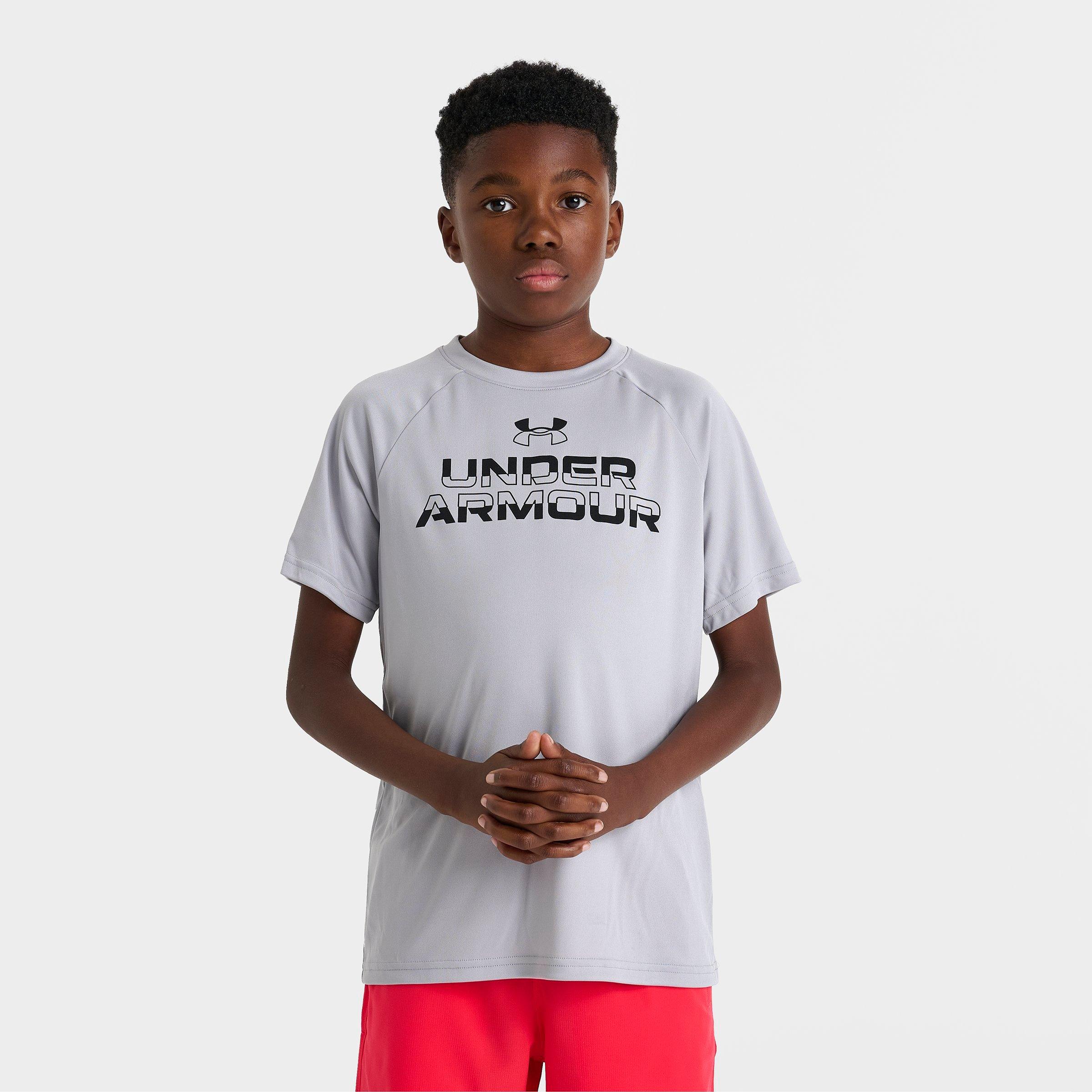 Under Armour Boys Big Kids Tech Split Wordmark T-Shirt in Mod Gray Size: Small