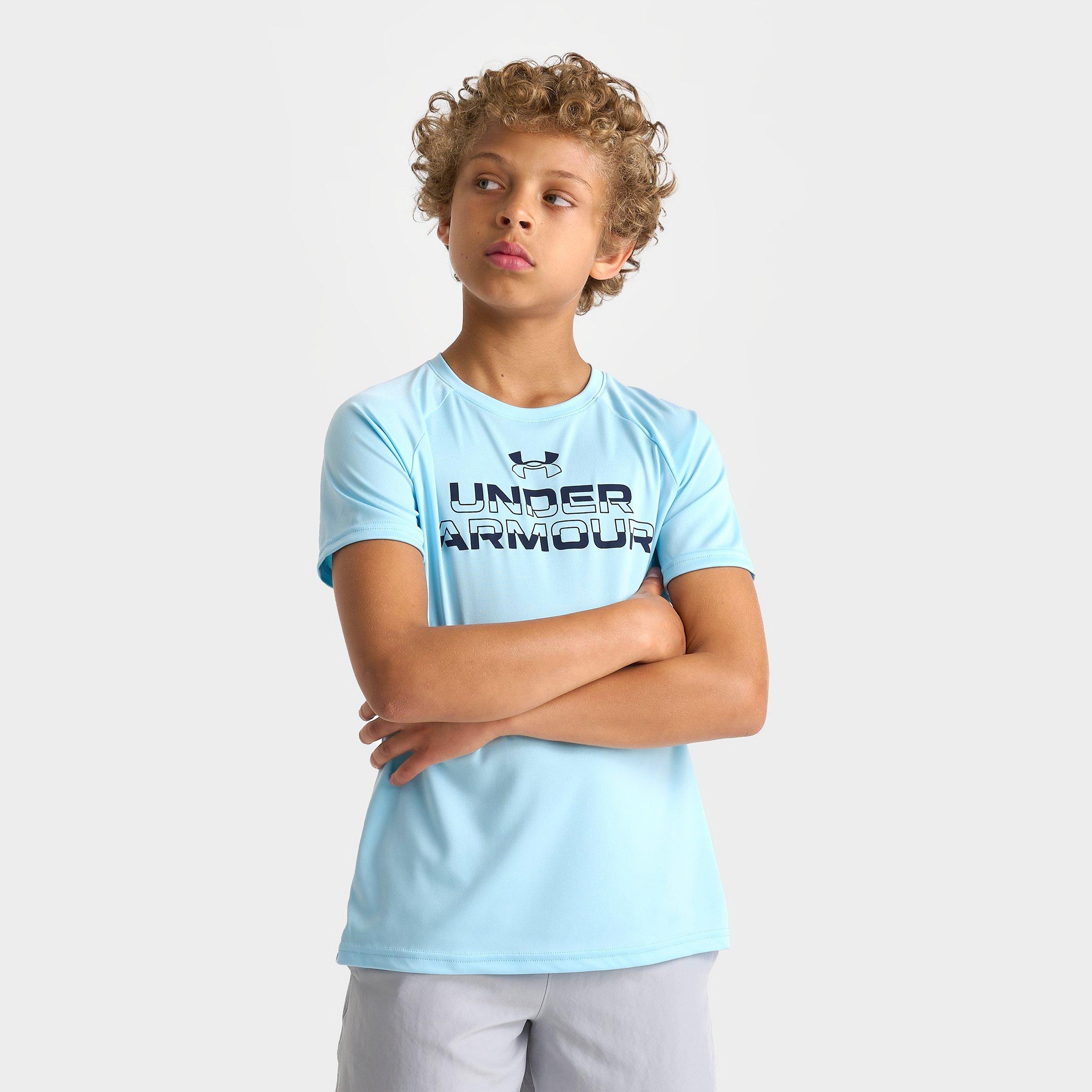 Under Armour Boys Big Kids Tech Split Wordmark T-Shirt in Horizon Blue/Black Size: Small