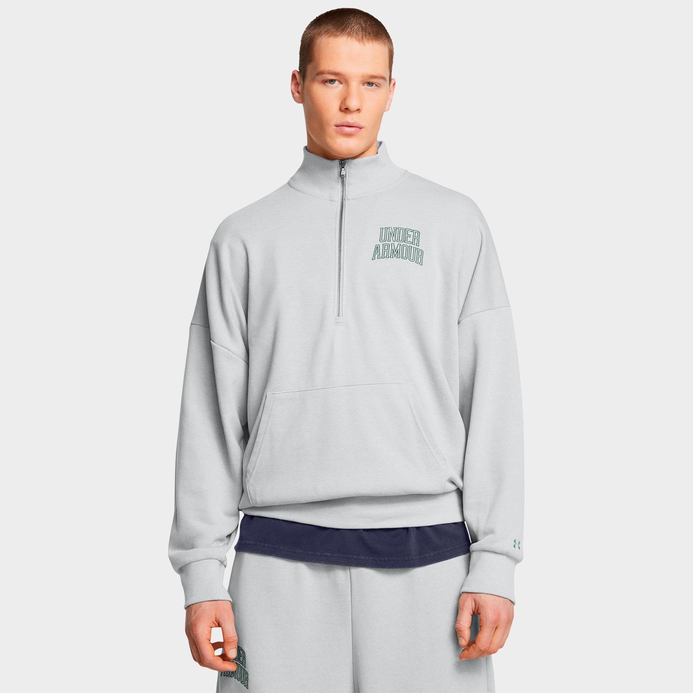 Under Armour Men's UA Icon Heavyweight Terry Oversized Half-Zip Top in Mod Grey Light Heather/Forest Green Size: XS