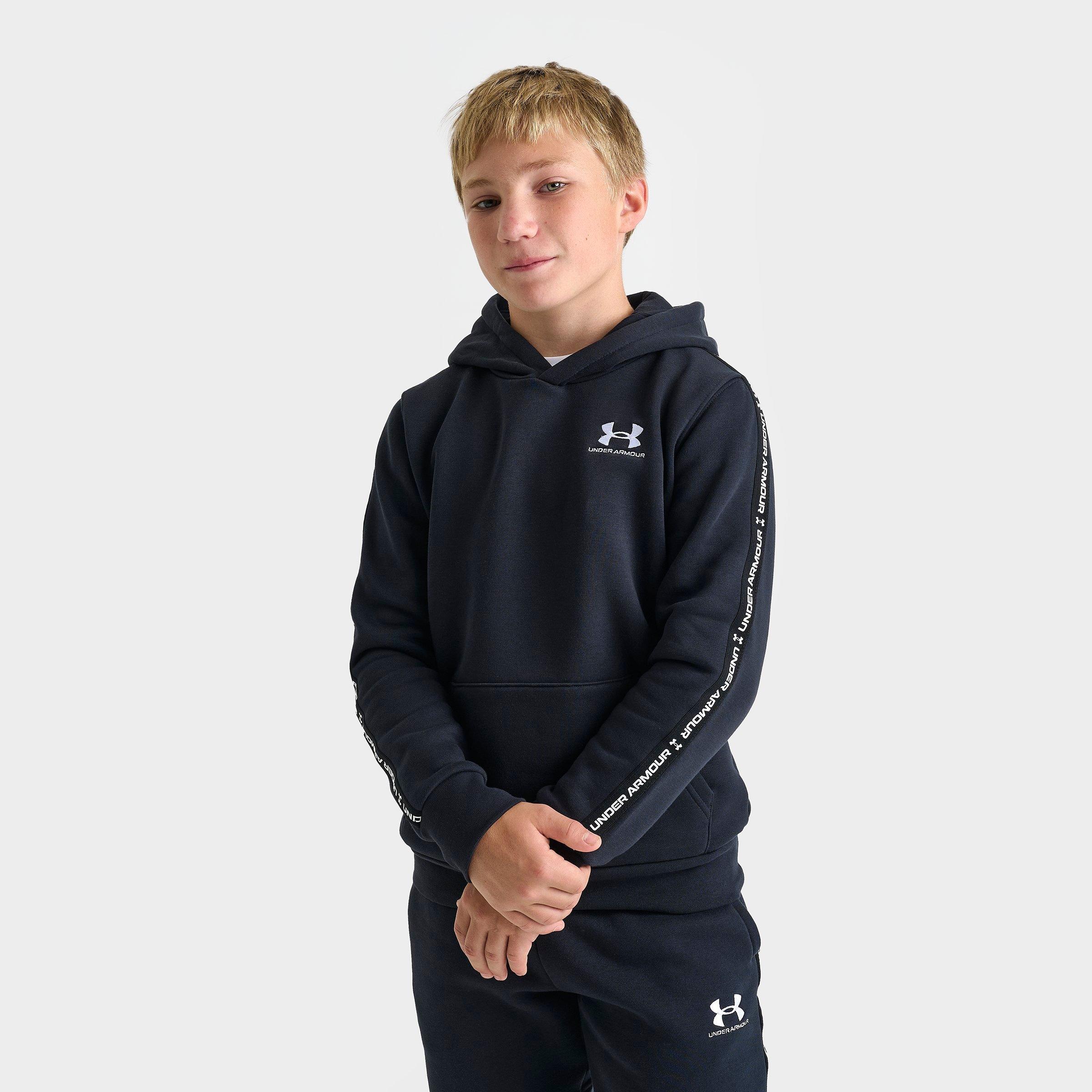 Under Armour Boys Big Kids Icon Fleece Taping Pullover Hoodie in Black/White Size: Small