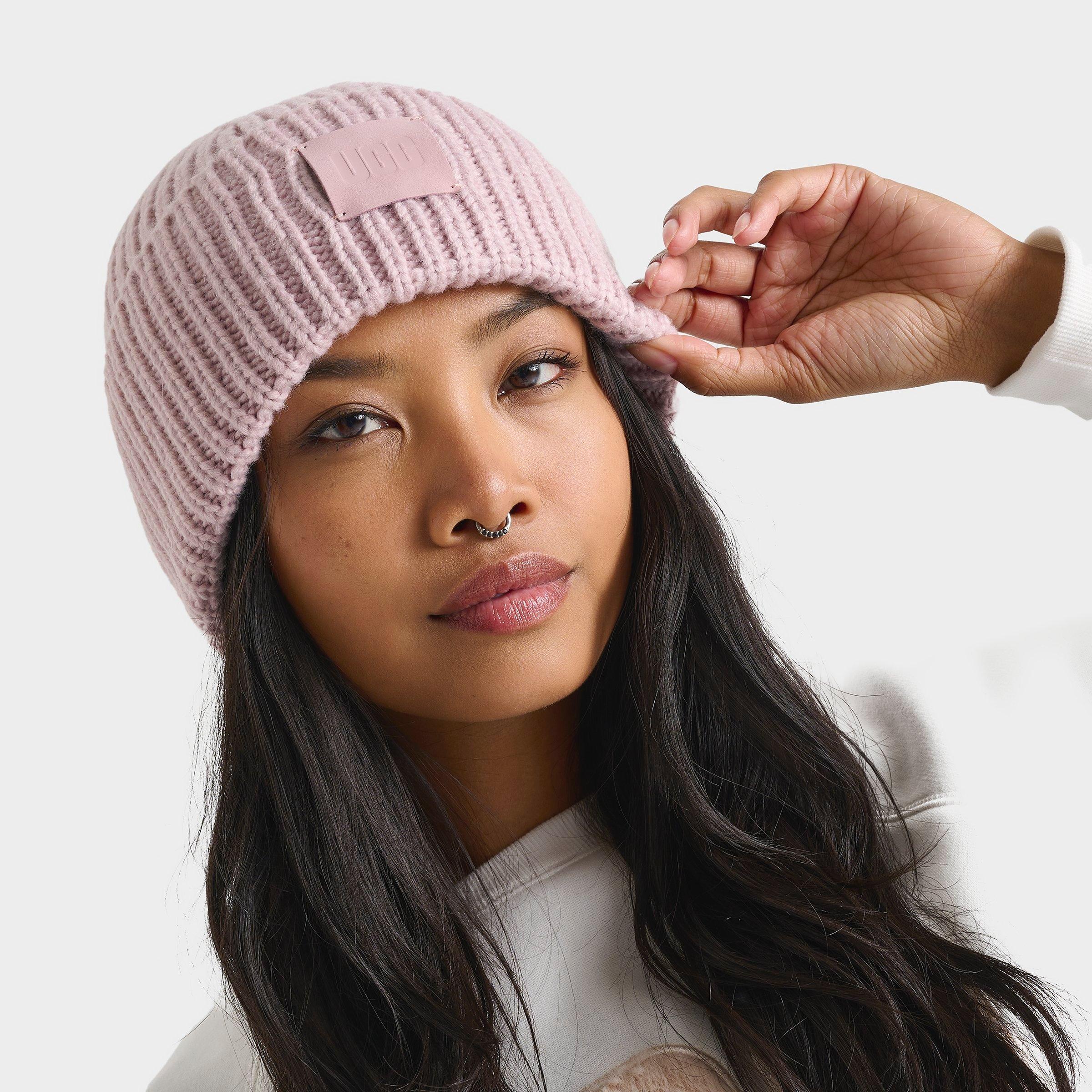 Finishline UGG Chunky Rib Beanie Hat in Pink/Mauve Leather/Nylon/Acrylic