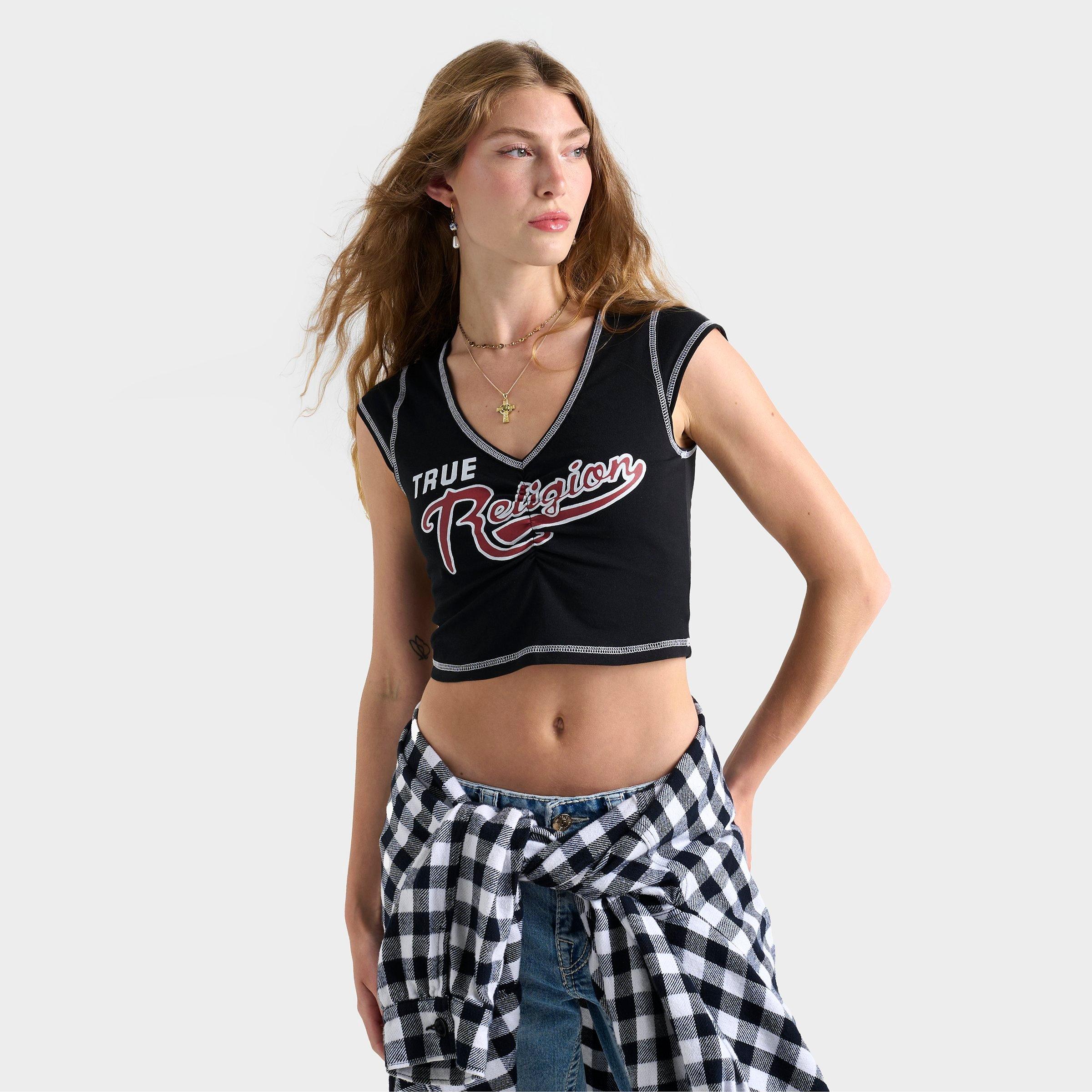 True Religion Women's Ruched Cap Sleeve Logo Baby T-Shirt in Black Size: XS