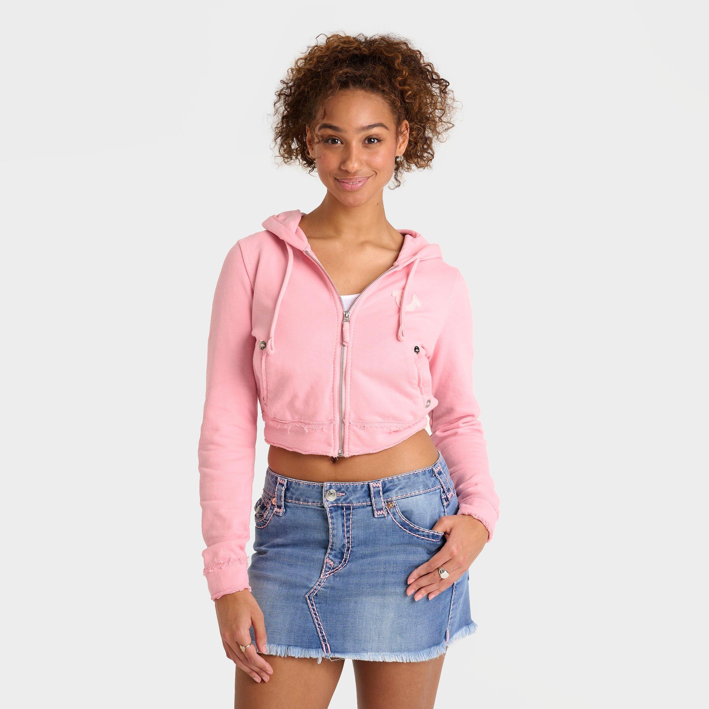 TRUE RELIGION TRUE RELIGION WOMEN'S RAW EDGE BIG T SHRUNKEN FULL-ZIP HOODIE 