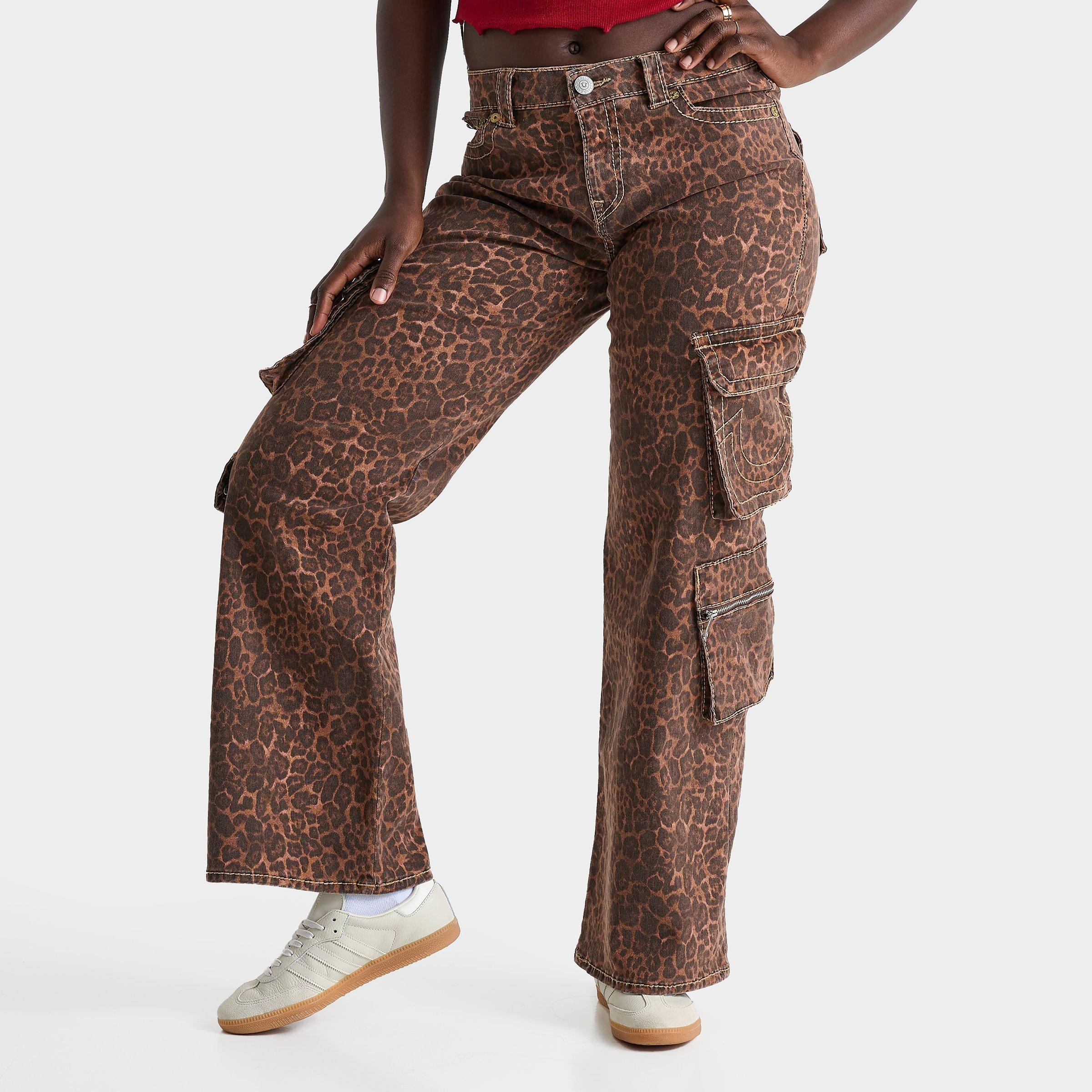 True Religion Women's Bobbi Big T Cargo Jeans in Brown/Animal Print/Leopard Print Size 28 Cotton