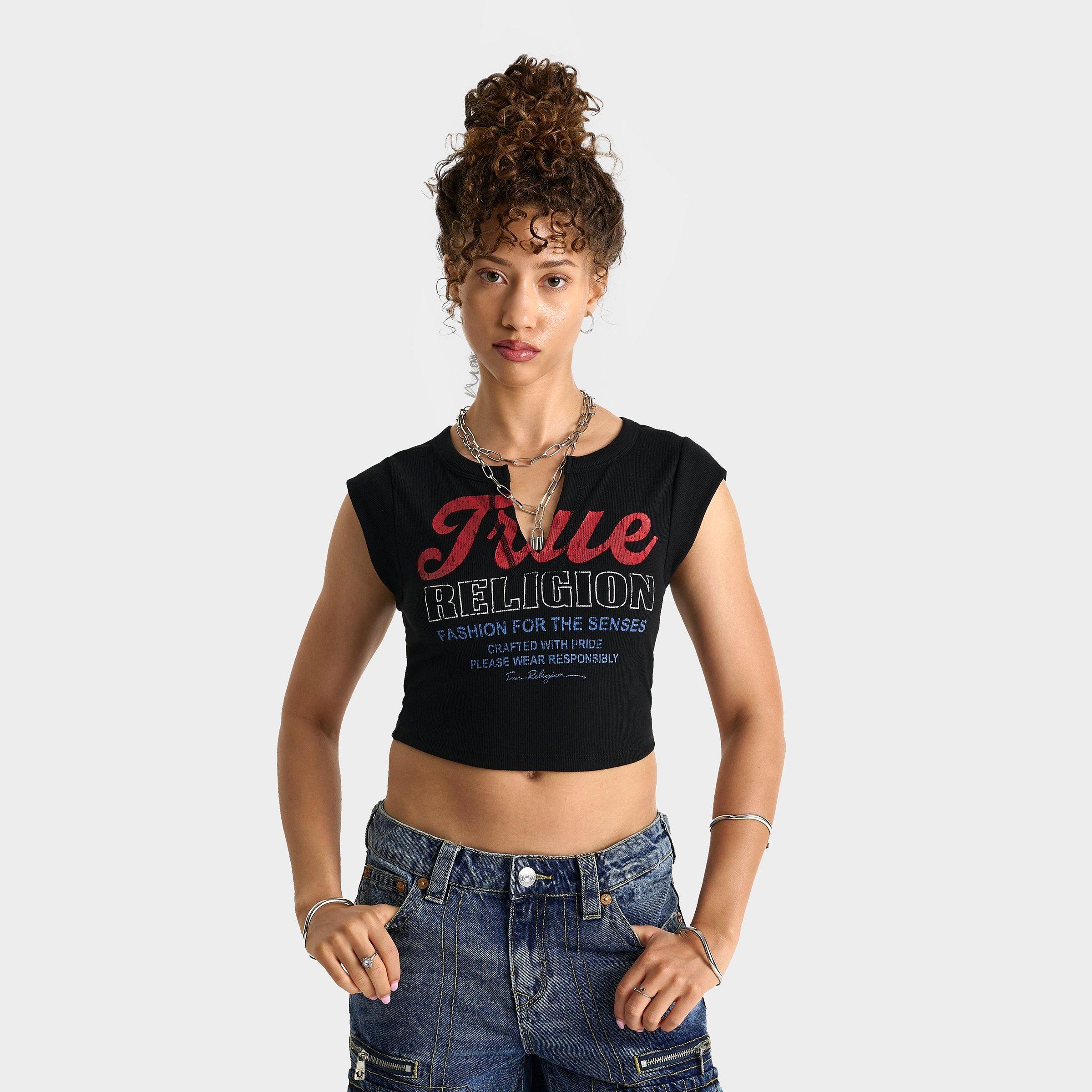 True Religion Women's Vintage Logo V Notch Baby T-Shirt in Black Size: XS