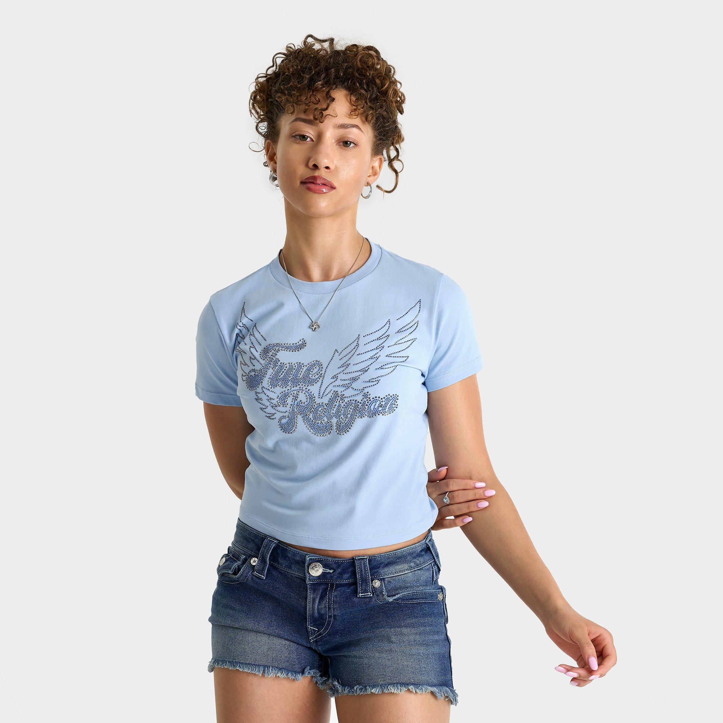 True Religion Women's Crystal Wing Short-Sleeve Baby T-Shirt in Cerulean Blue Size: XS