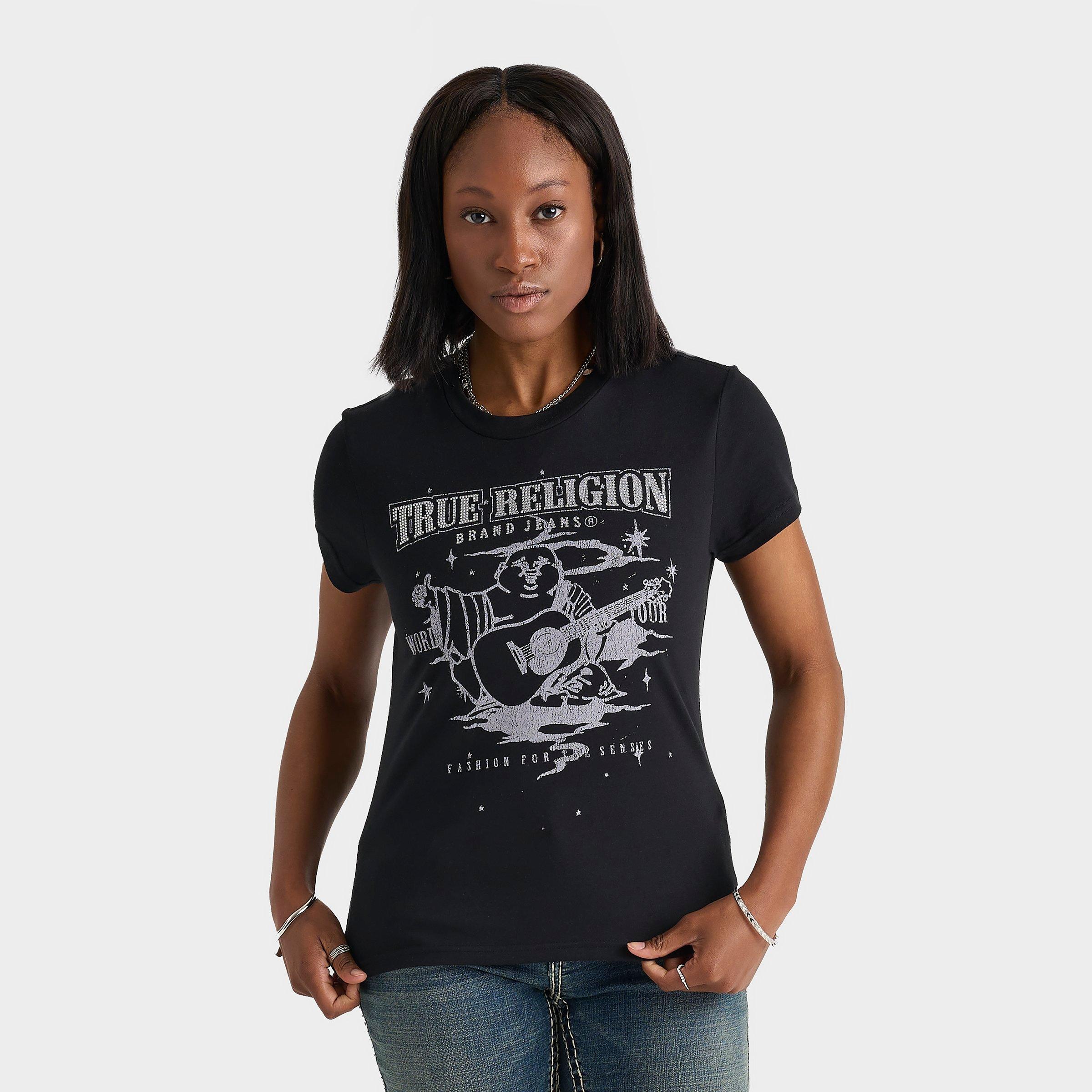 True Religion Women's Buddha Crystal T-Shirt in Black/Jet Black Size XS Cotton