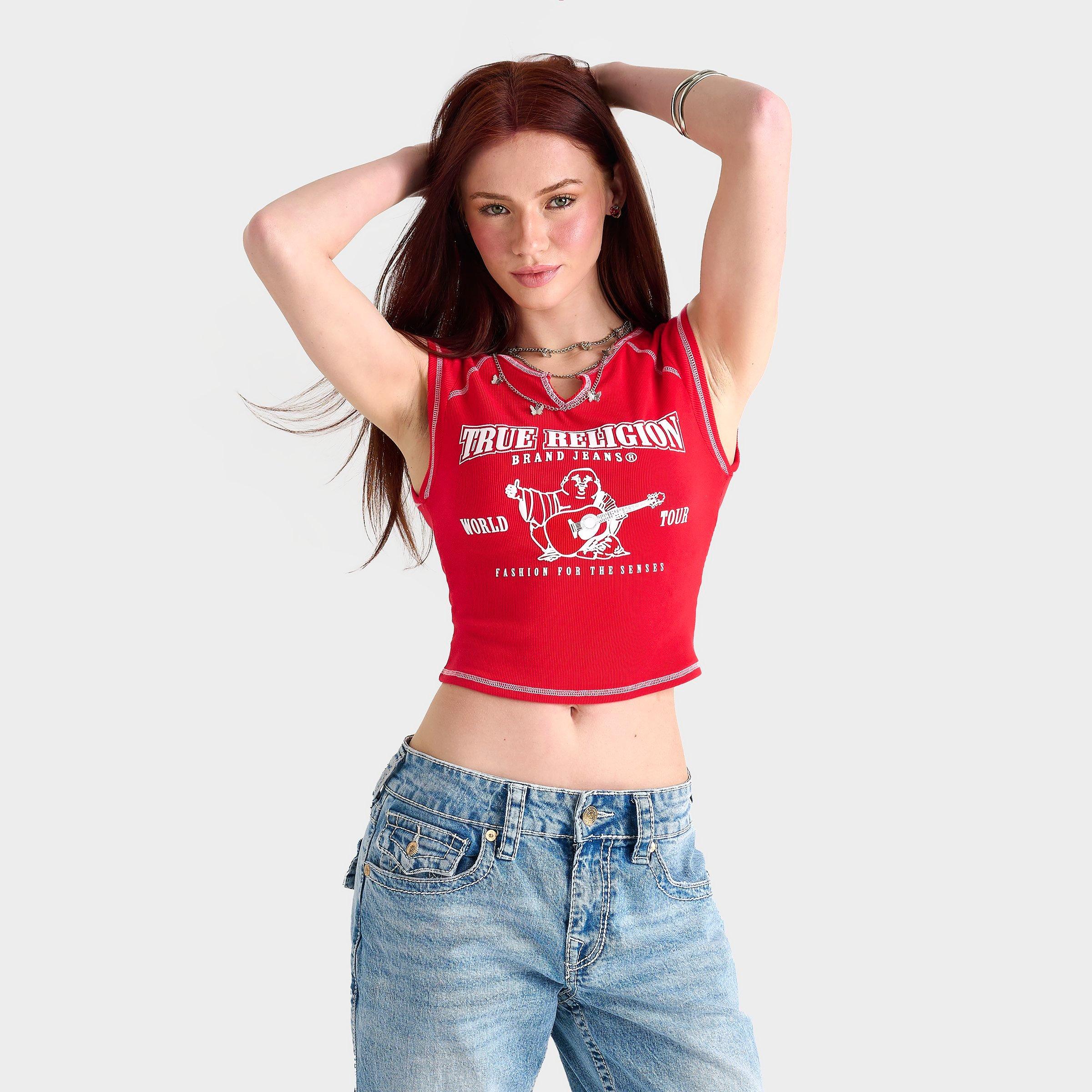 TRUE RELIGION TRUE RELIGION WOMEN'S BUDDHA WORLD TOUR RIB NOTCH BABY T-SHIRT 