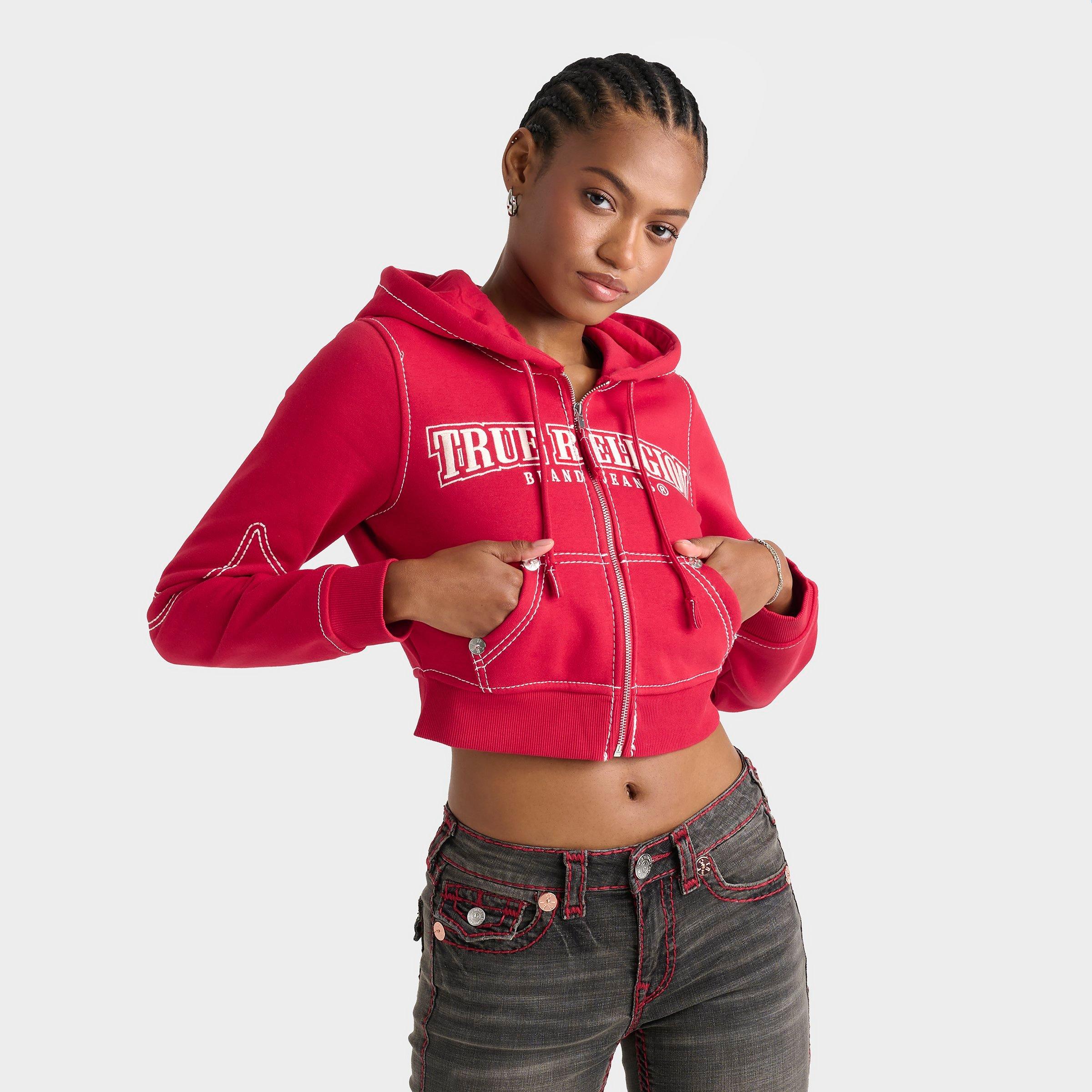 True Religion Women's Shrunken Big T Full-zip Cropped Hoodie In Red