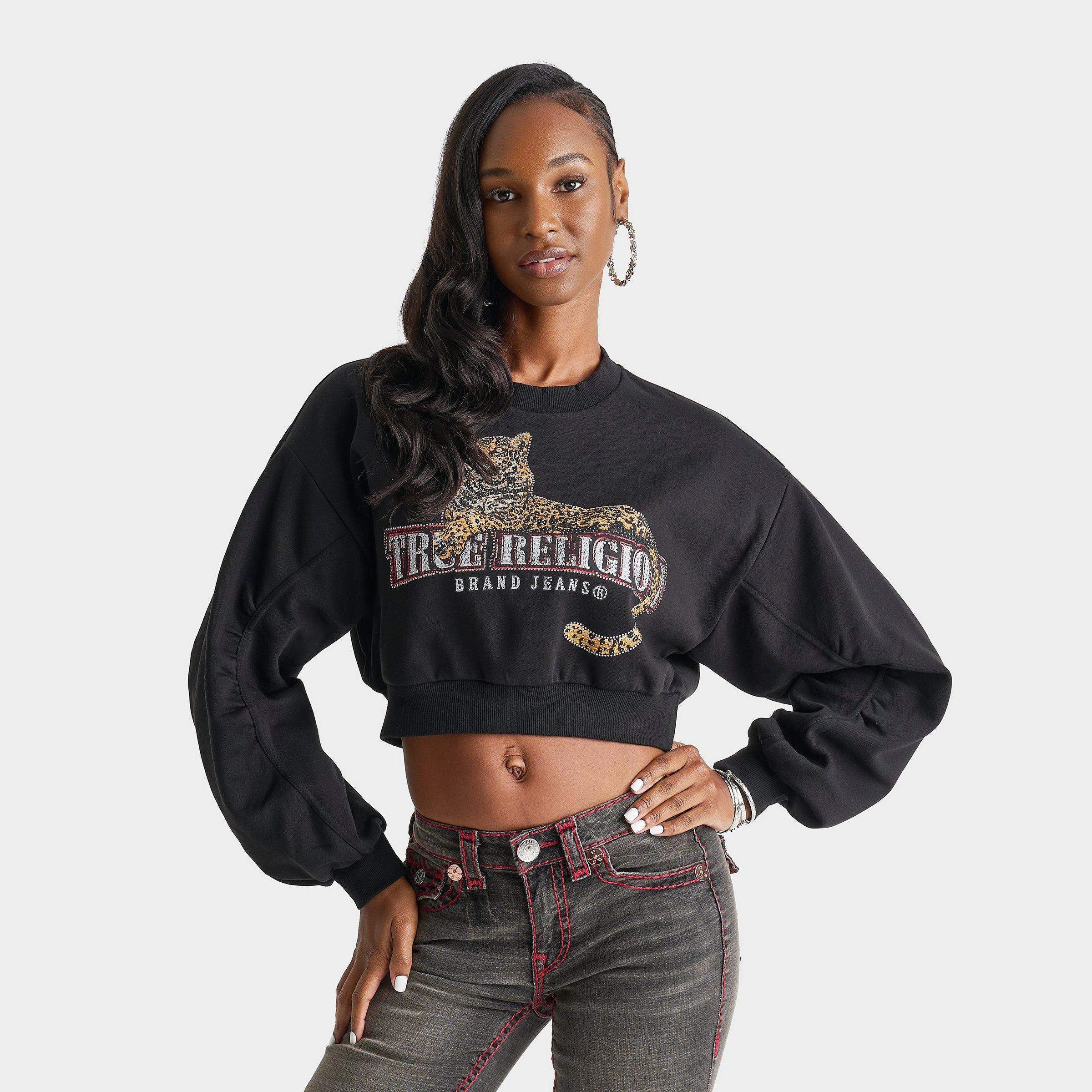 True Religion Women's Leopard Crystal Ruched Sleeve Top In Black