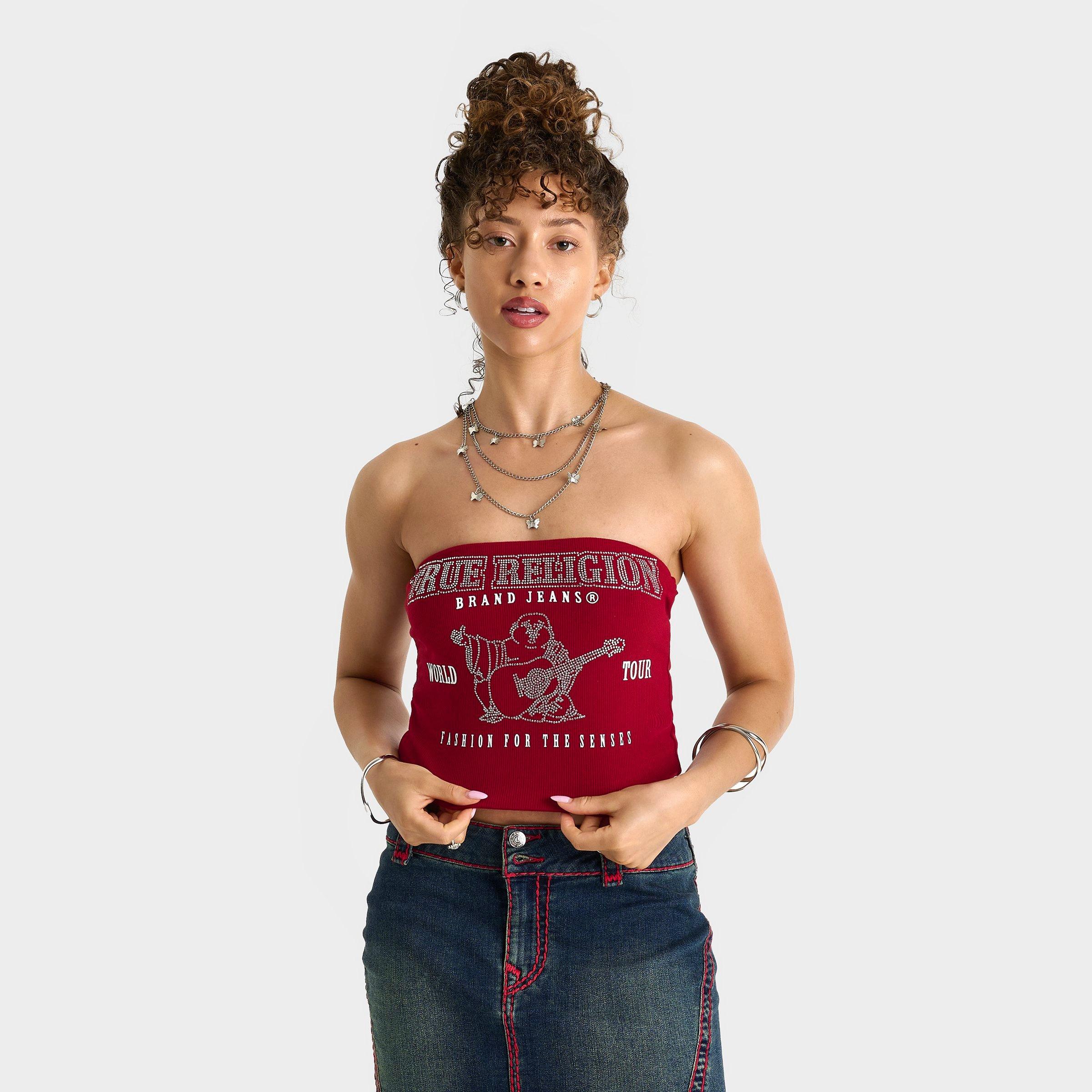 True Religion Women's Crystal Buddha Ribbed Tube Top in Red Dahlia Size: XS