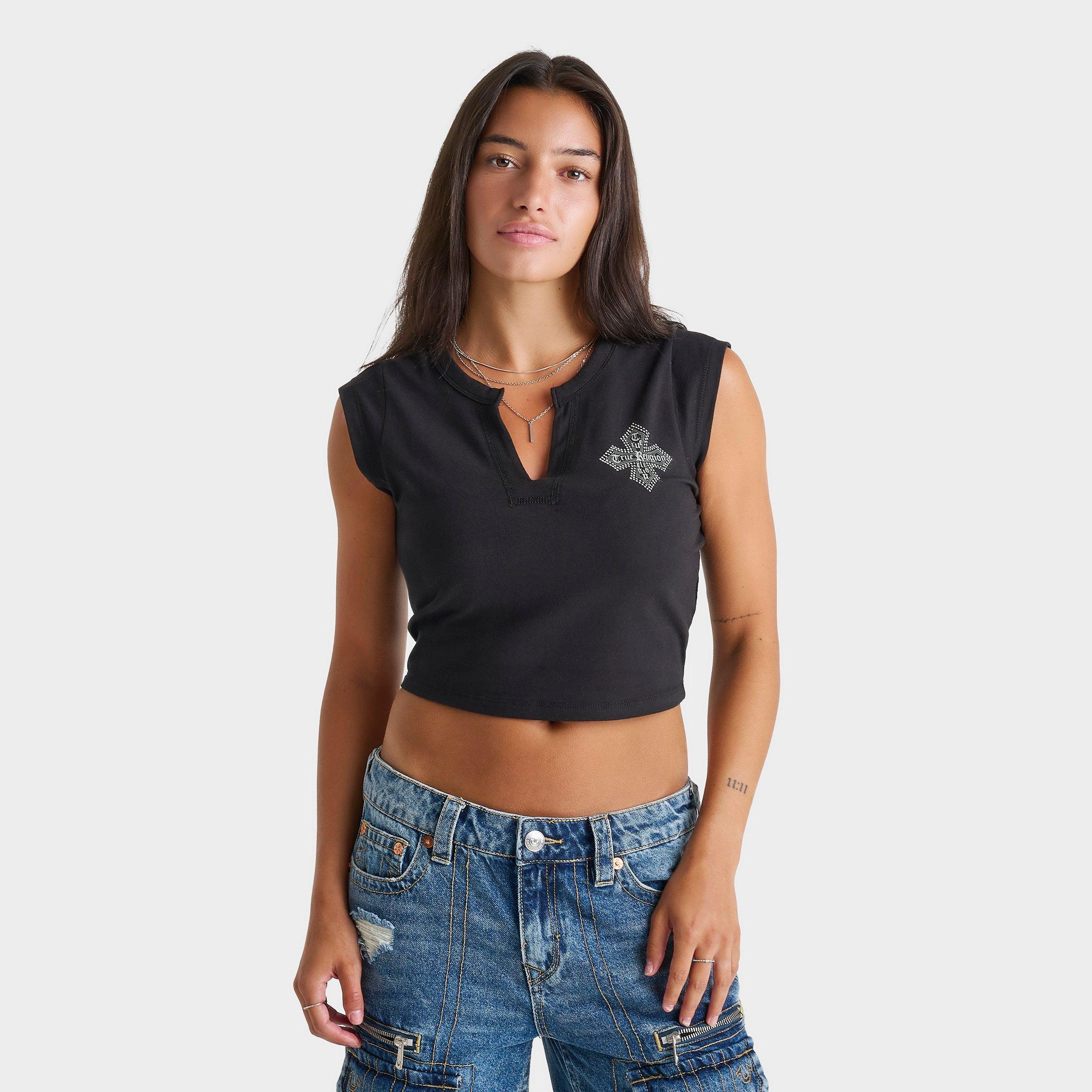 True Religion Women's Crystal Cross Logo Crest Baby T-Shirt in Jet Black Size: XS