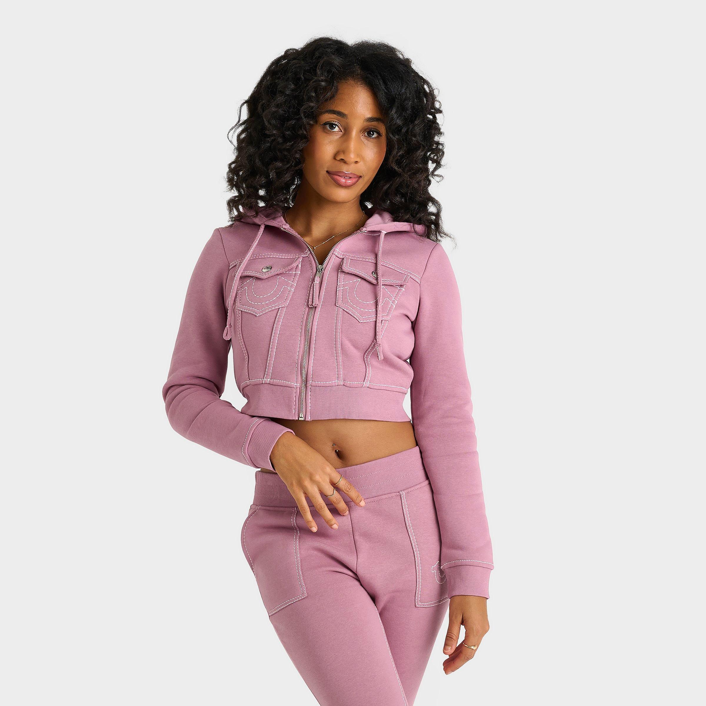 True Religion Women's Shrunken Big T Full-Zip Cropped Hoodie in Rose Size: XS