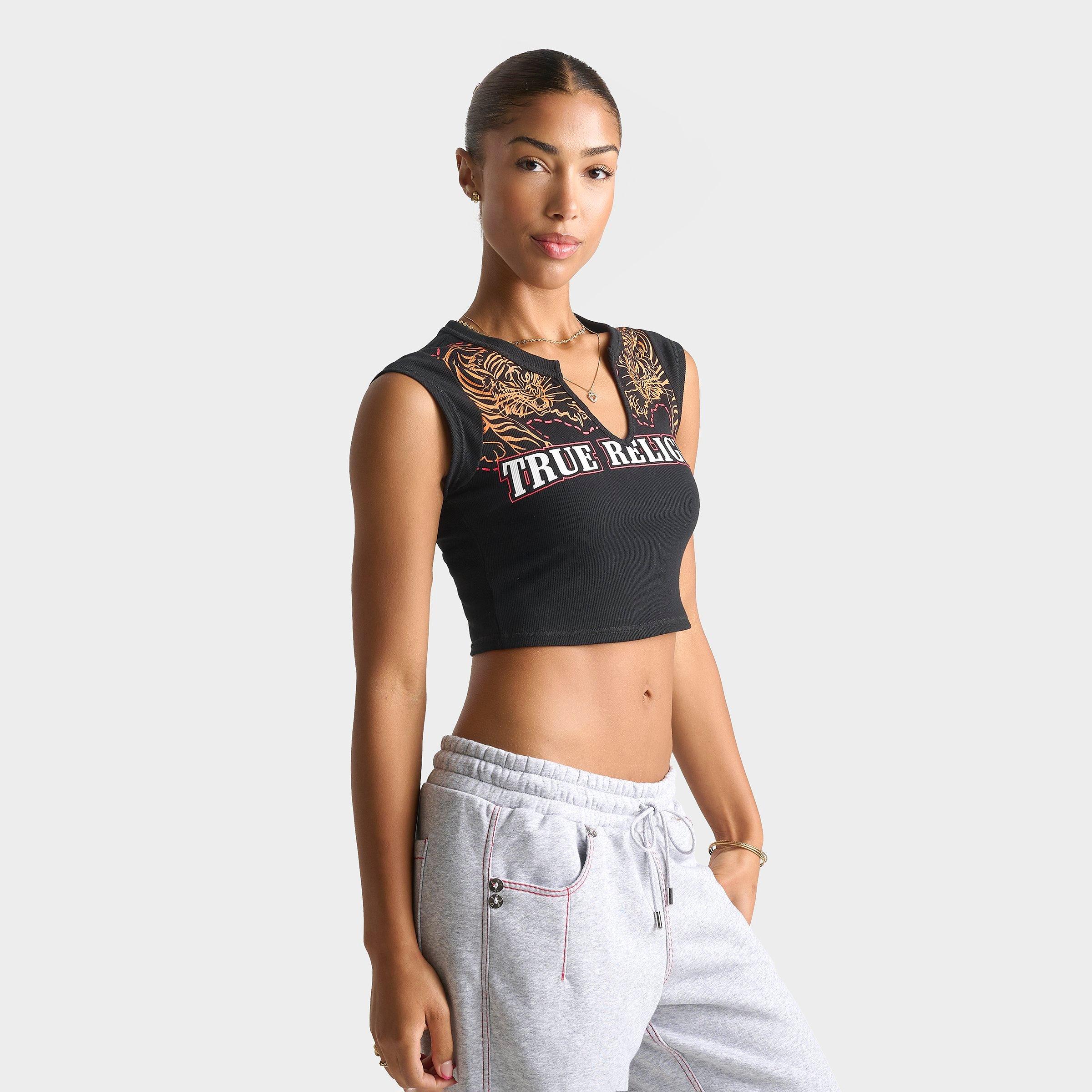 True Religion Women's Tiger Logo Notch Baby T-Shirt in Black Size: Medium