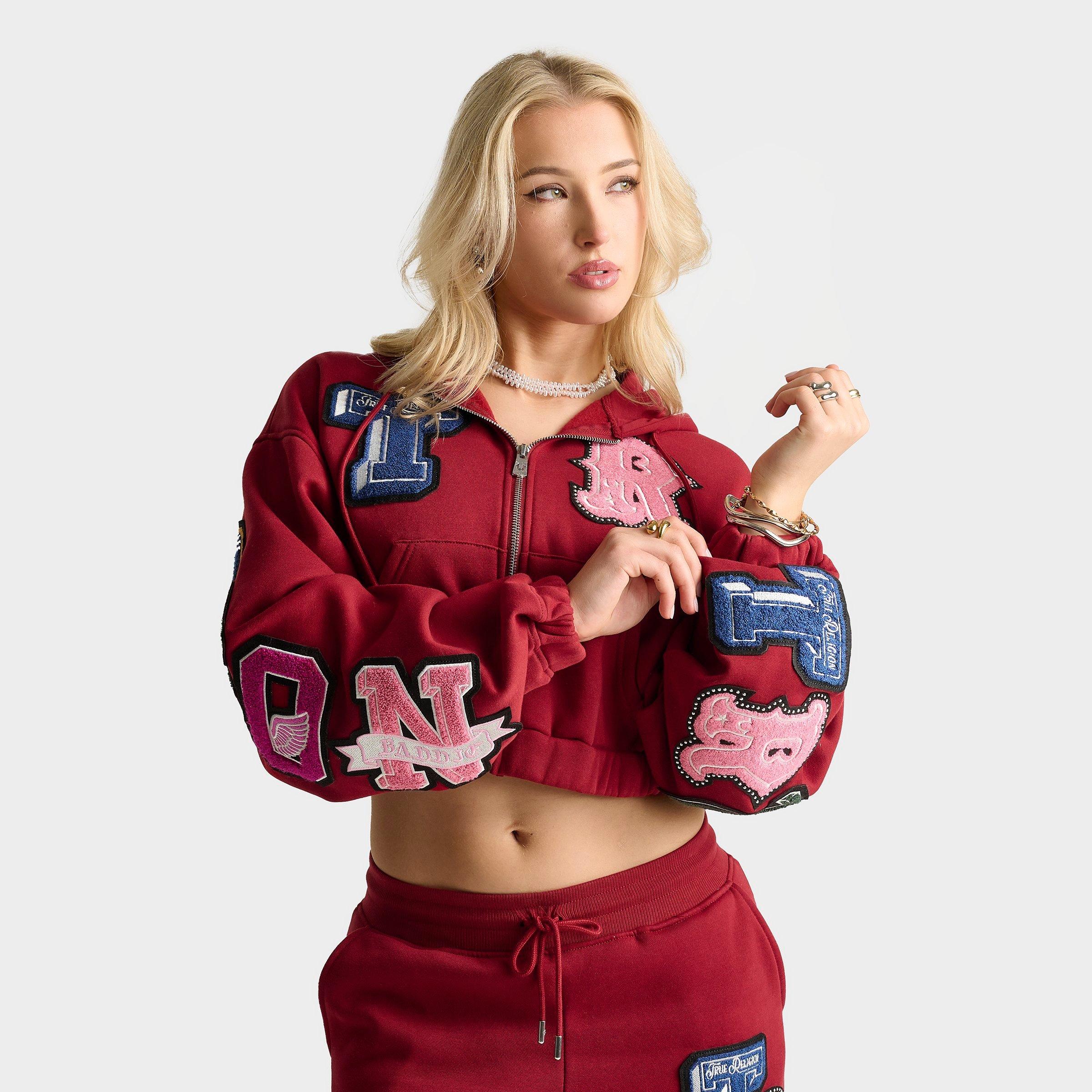 True Religion Women's Crystal Patch Girlfriend Cropped Full-Zip Hoodie in Red Dahlia Size: XS