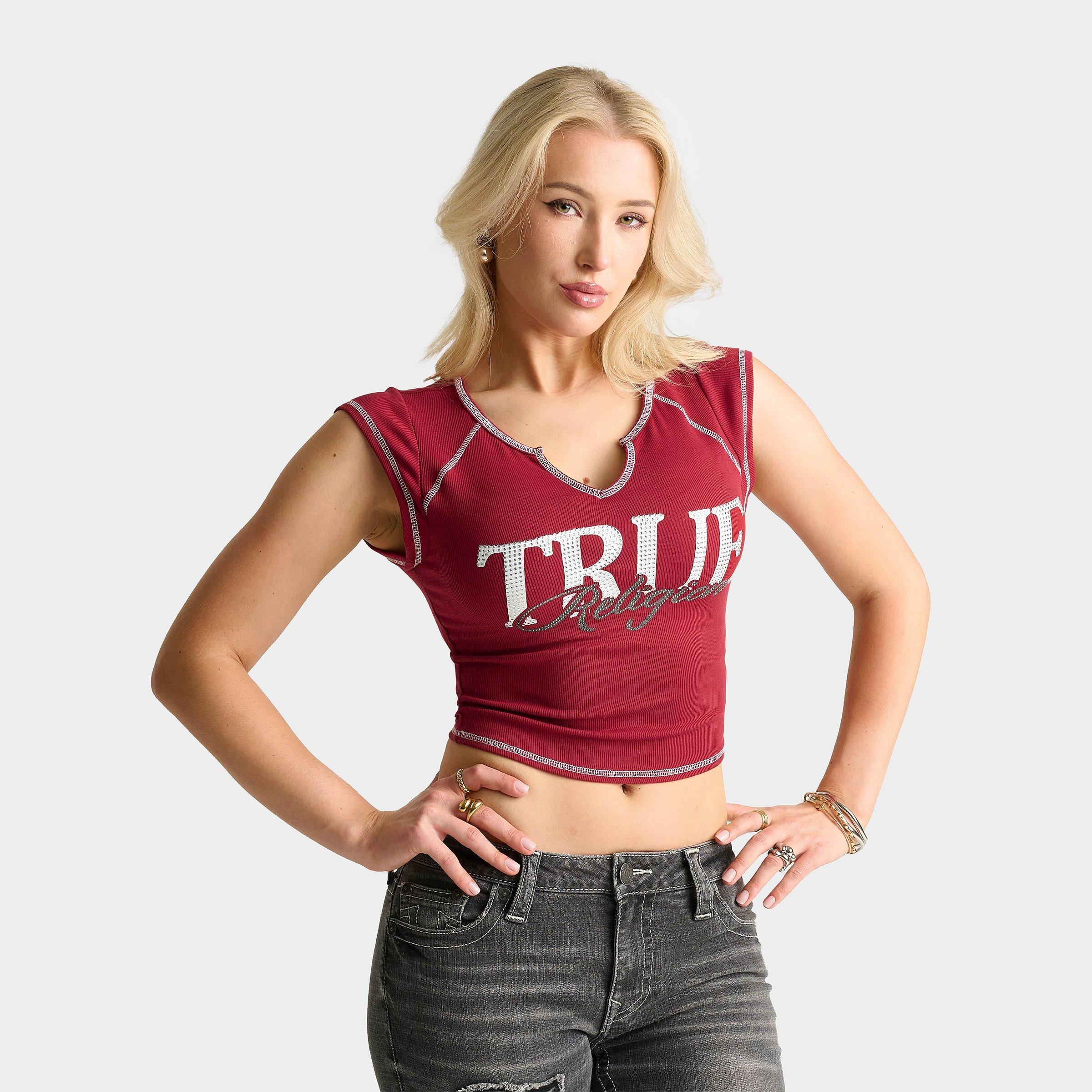 True Religion Women's Crystal Ribbed Notched Baby T-Shirt in Red Dahlia Size: XS