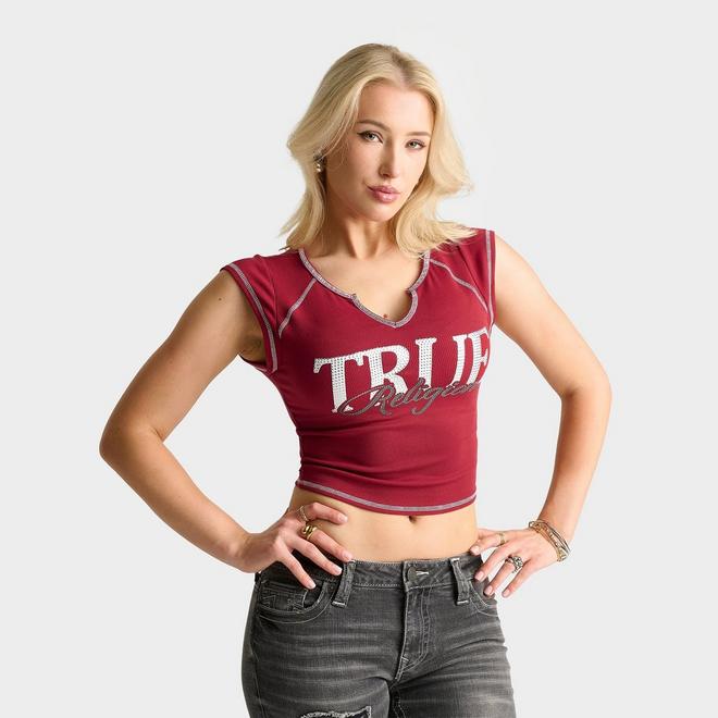 Women's True Religion Crystal Ribbed Notched Baby T-Shirt