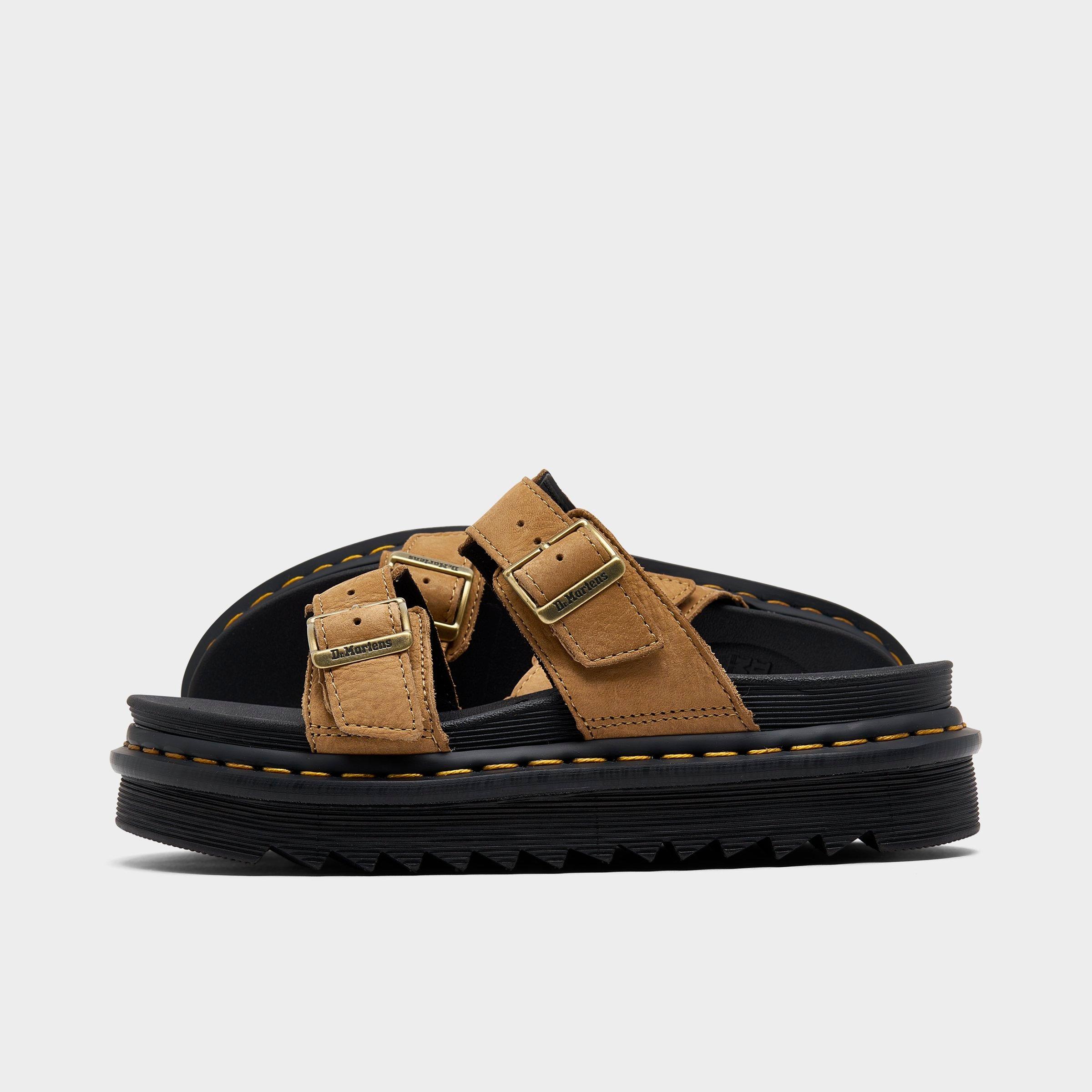 Dr. Martens Women's Myles Tumbled Nubuck Leather Buckles Slide Sandals in Savannah Tan Size: 5.0