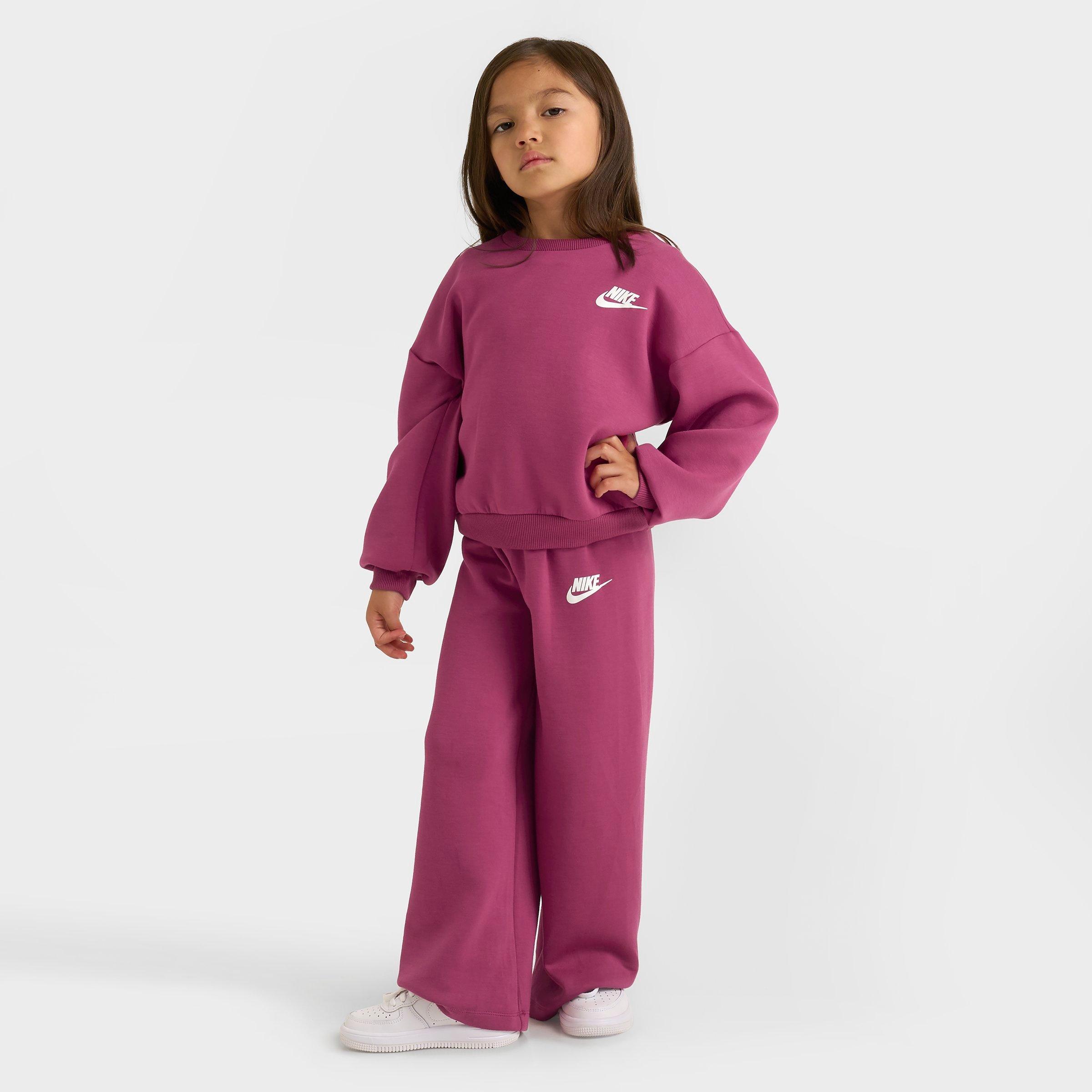 Nike Girls' Little Kids Crewneck Sweatshirt and Wide Leg Pants Set in Sweet Beet Size: 4