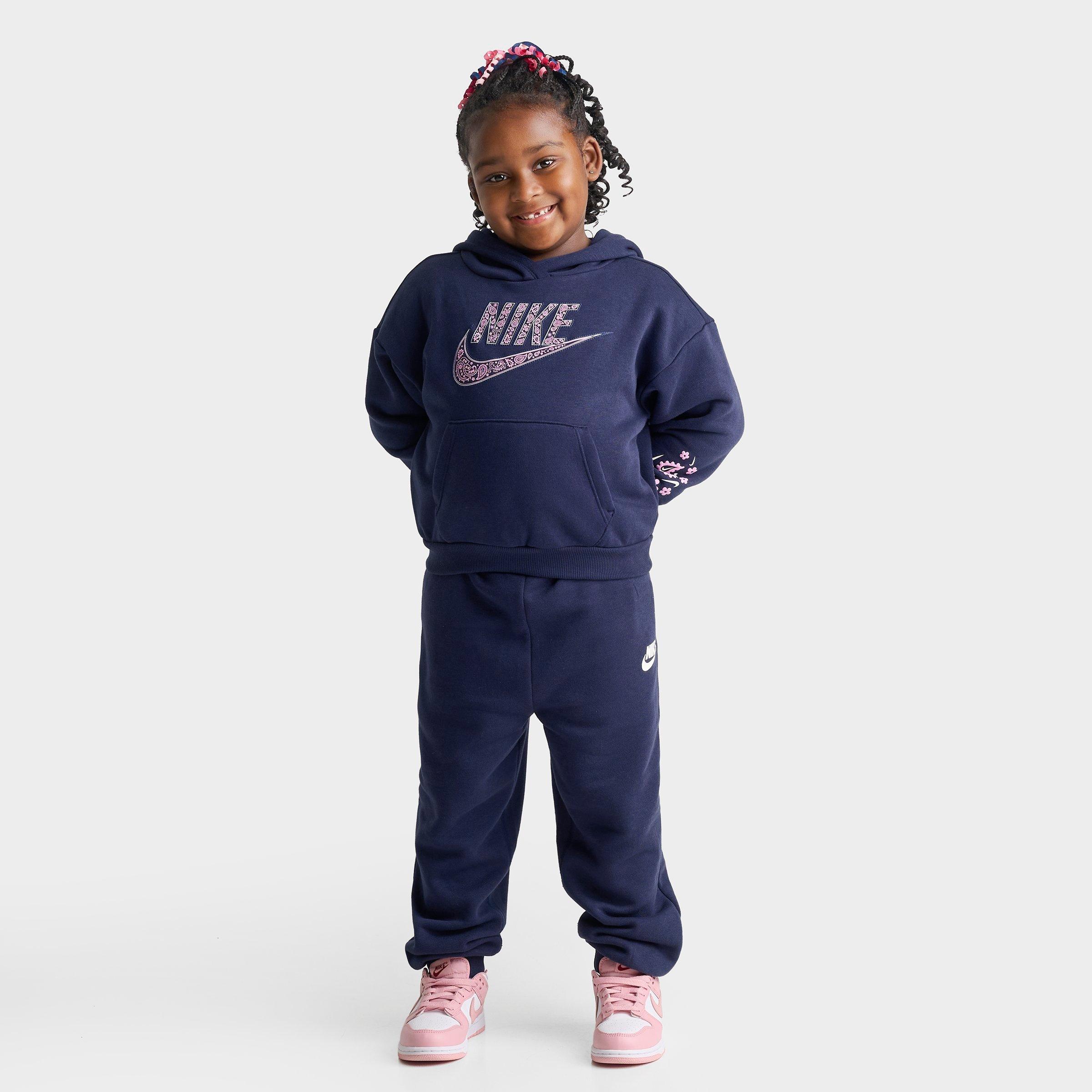 Nike Girls' Little Kids Paisley Pullover Hoodie and Jogger Pants Set in Midnight Navy Size: 5