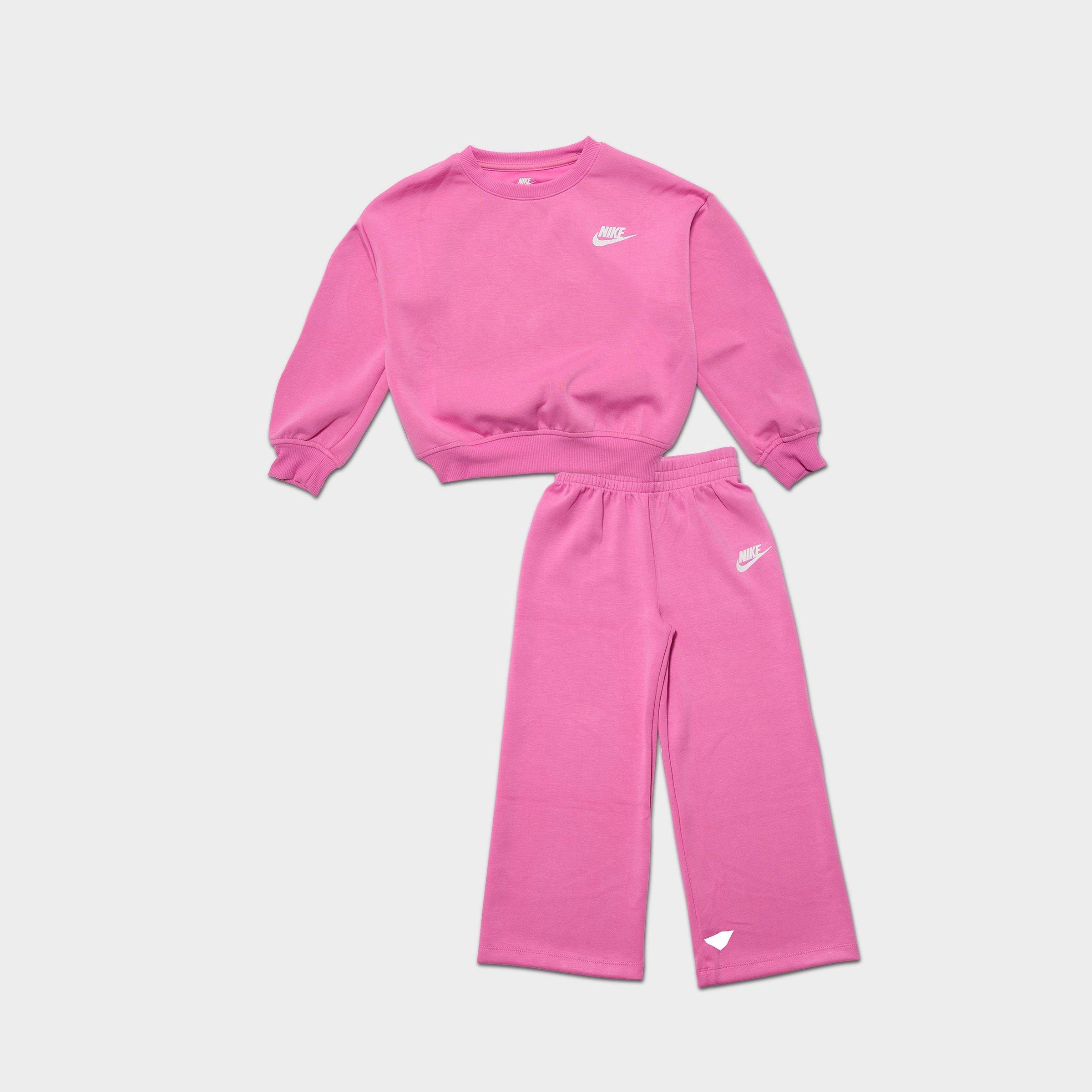 Nike Girls' Little Kids Crewneck Sweatshirt and Wide Leg Sweatpants Set in Playful Pink Size: 6X