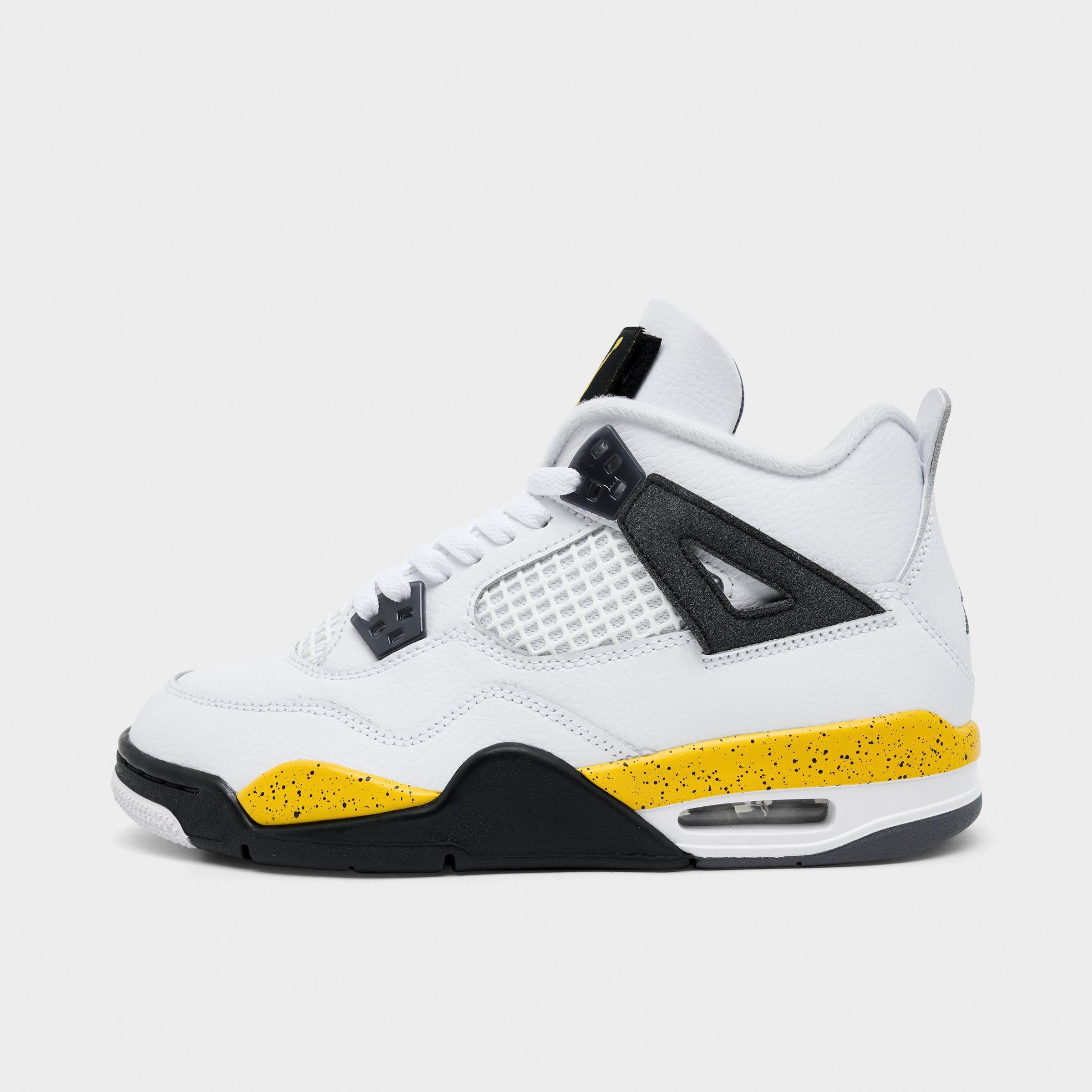Jordan Big Kids Air Retro 4 Basketball Shoes in White/Dark Blue Grey/Black Size: 3.5