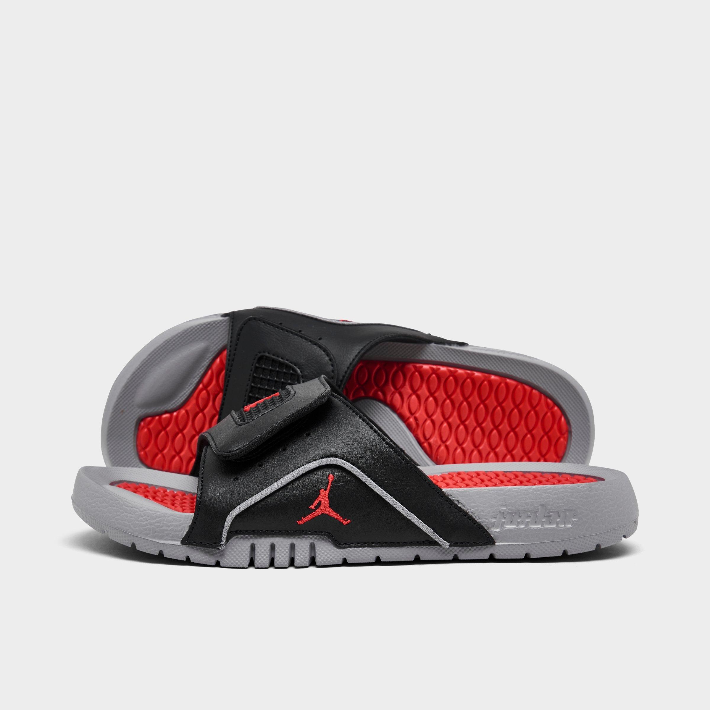 Jordan Boys Big Kids Hydro 4 Retro Slide Sandals in Black/Cement Grey/Fire Red Size: 4.0