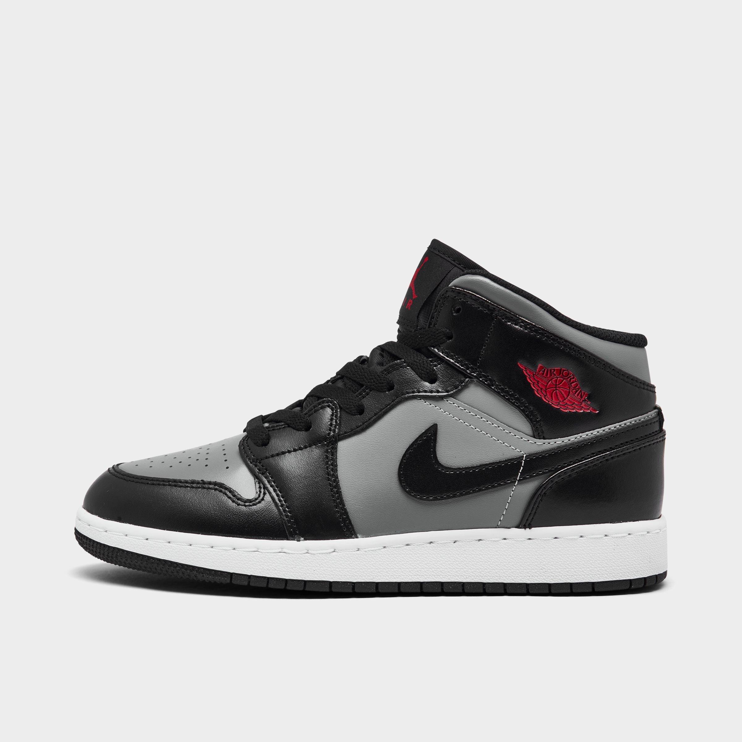 Jordan Big Kids Air Retro 1 Mid Casual Shoes in Black/Gym Red/Particle Grey Size: 7.0