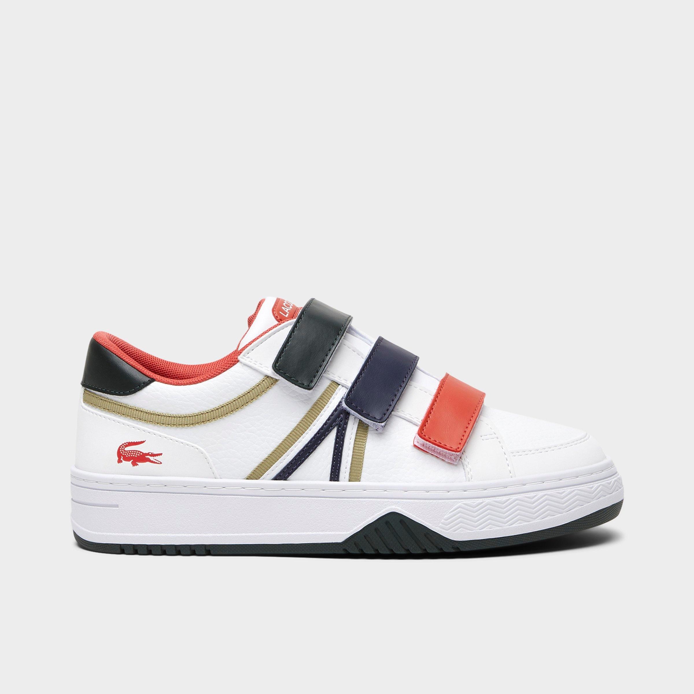 Lacoste Big Kids L001 Tri-Color Hook-and-Loop Strap Shoes in Open White/Navy/Red Size: 3.0