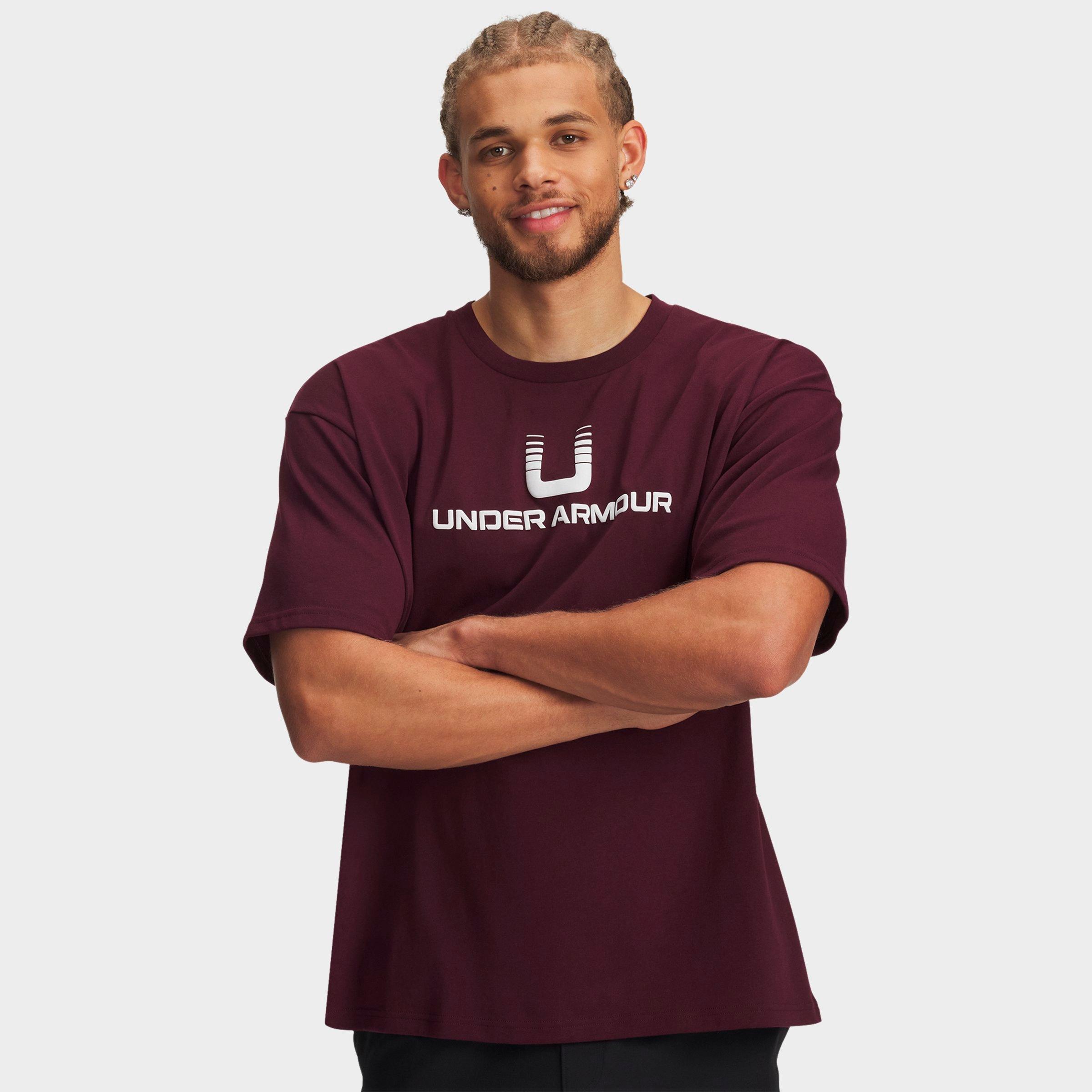 Under Armour Men's U Logo Heavyweight T-Shirt in Dark Maroon/White Size: Small