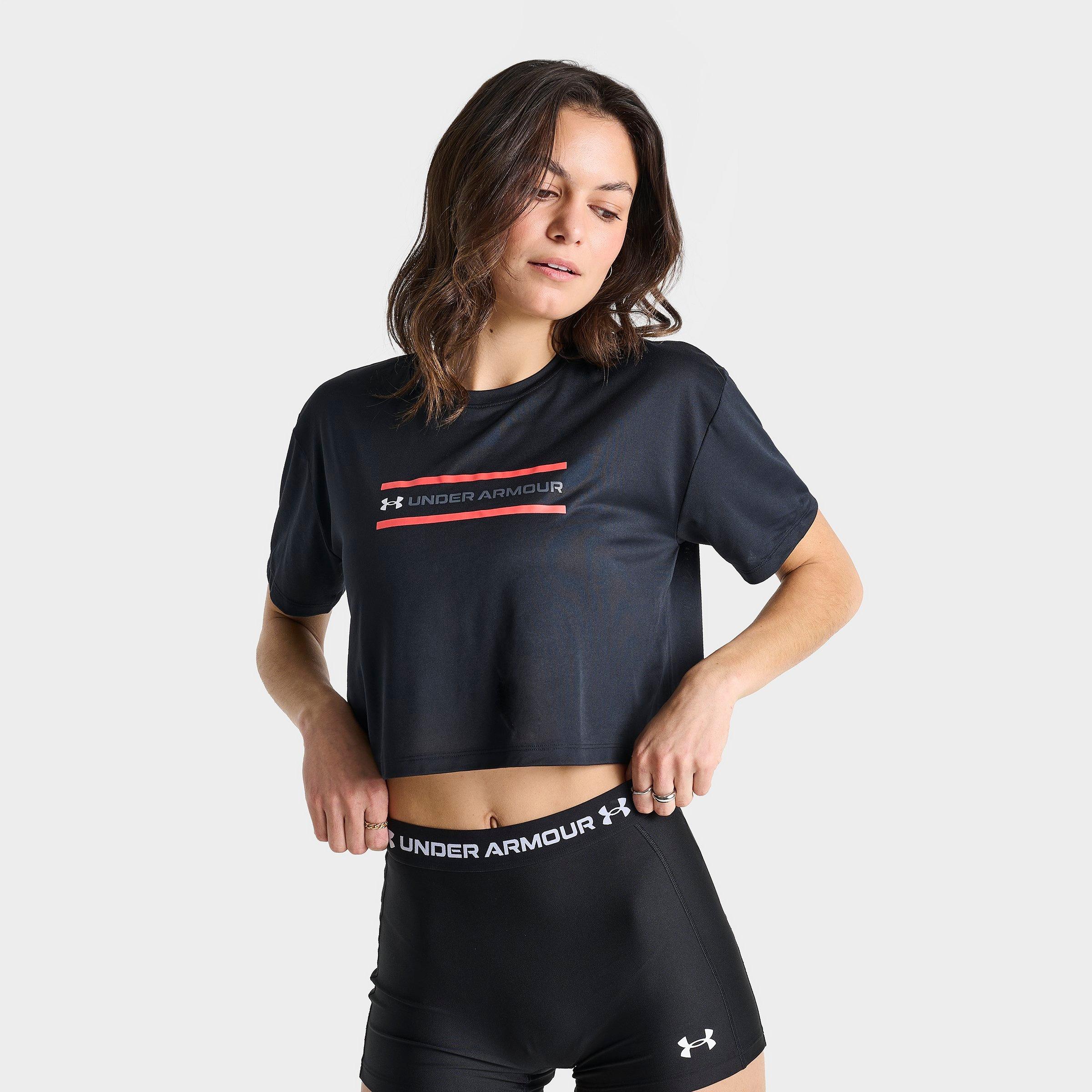 Under Armour Women's UA Tech Branded Crop Short-Sleeve T-Shirt in Black/Venom Red/White Size: Large