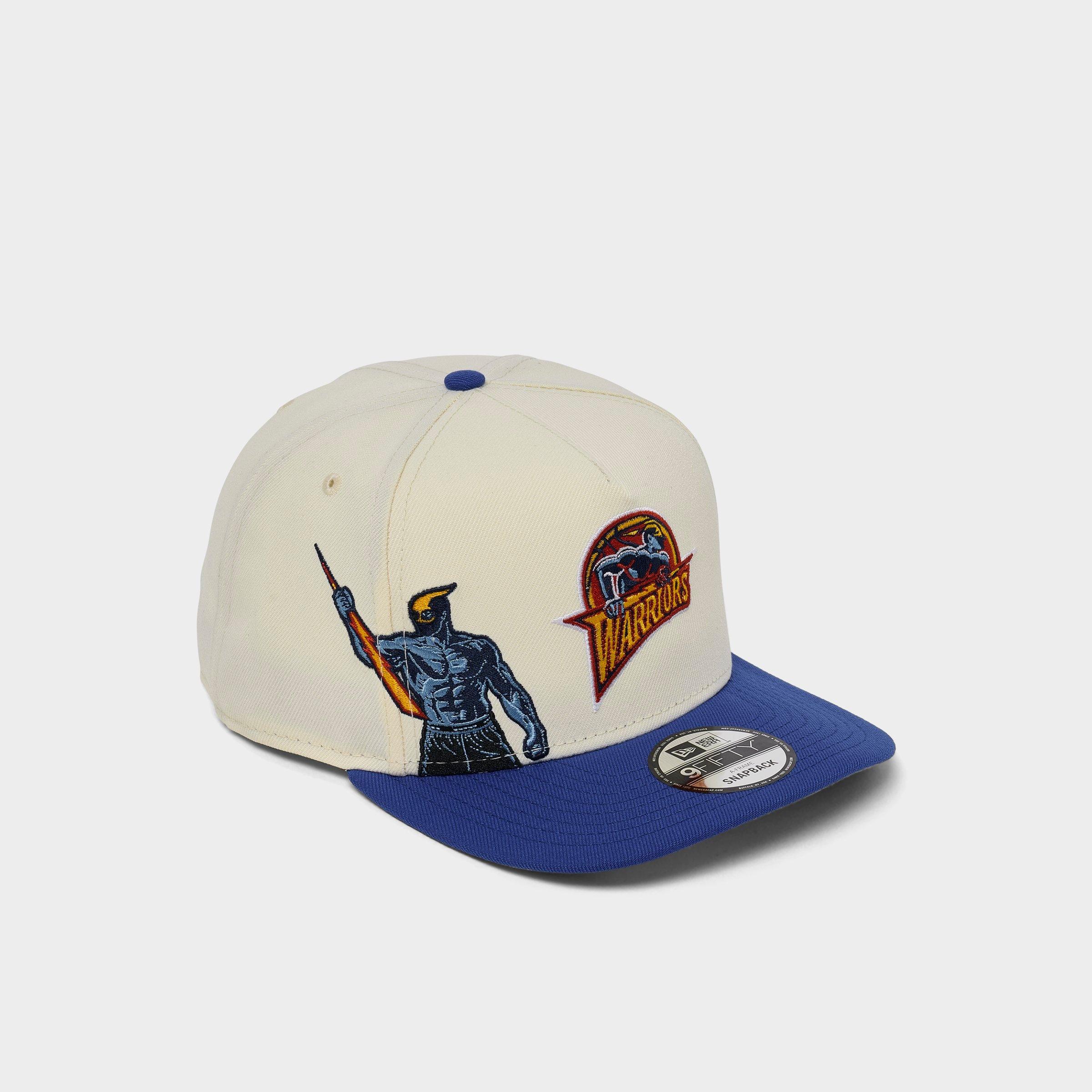 New Era Golden State Warriors NBA Hardwood Classics 9FIFTY A-Frame Snapback Hat in Chrome White/Blue