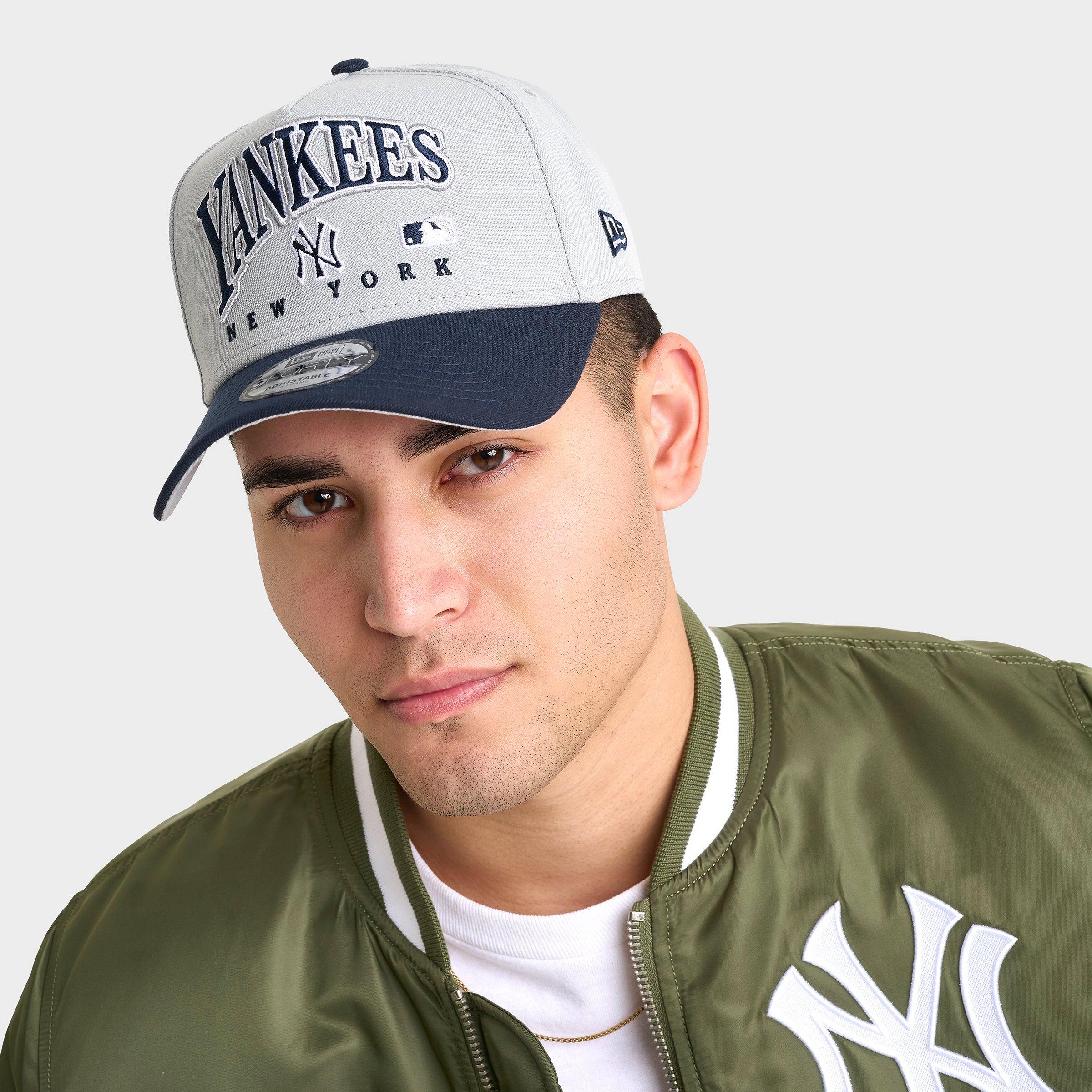 New Era New York Yankees MLB 9FORTY Embroidery Wordmark A-Frame Snapback Hat in Grey/Navy