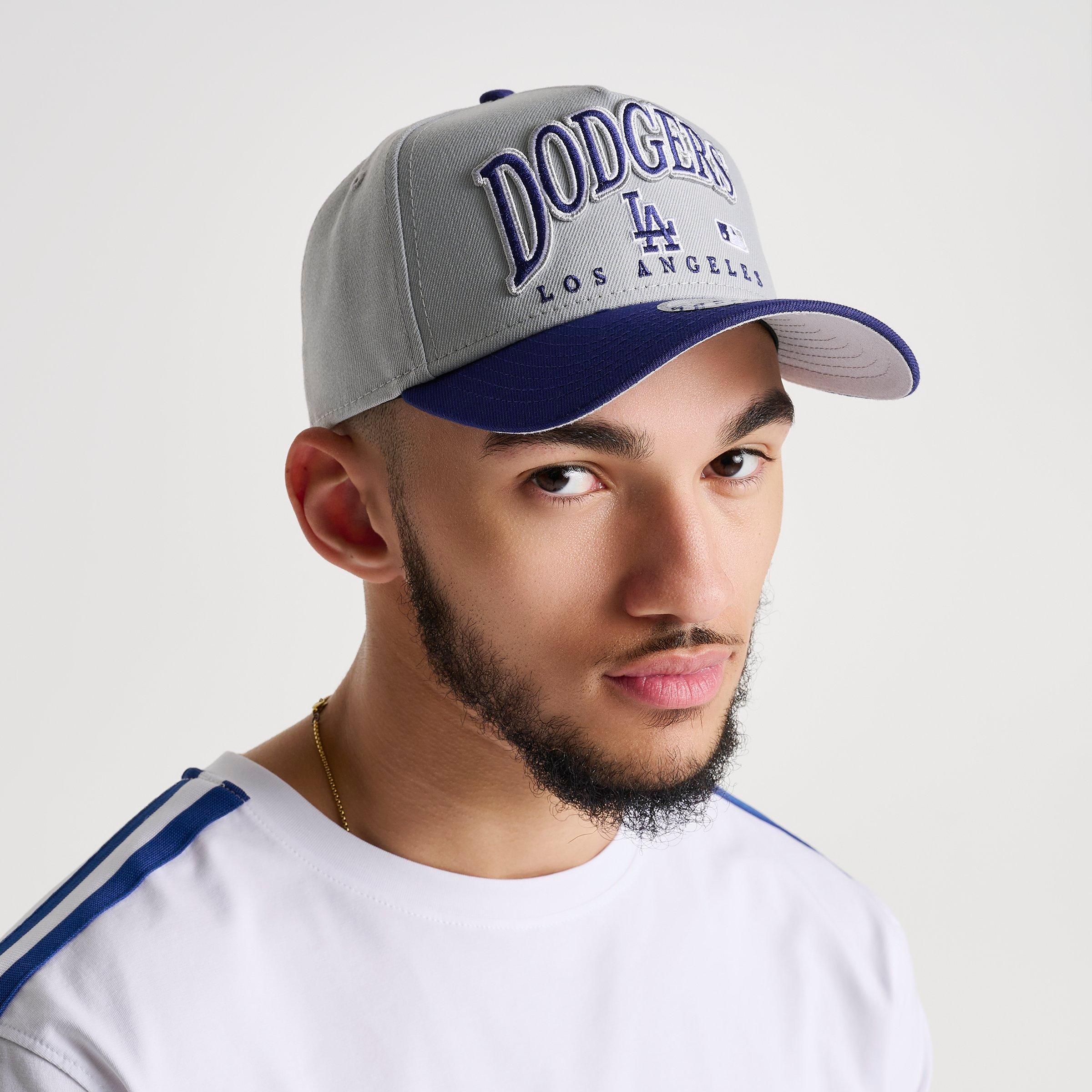 New Era Los Angeles Dodgers MLB 9FORTY Embroidery Wordmark A-Frame Snapback Hat in Grey/Royal