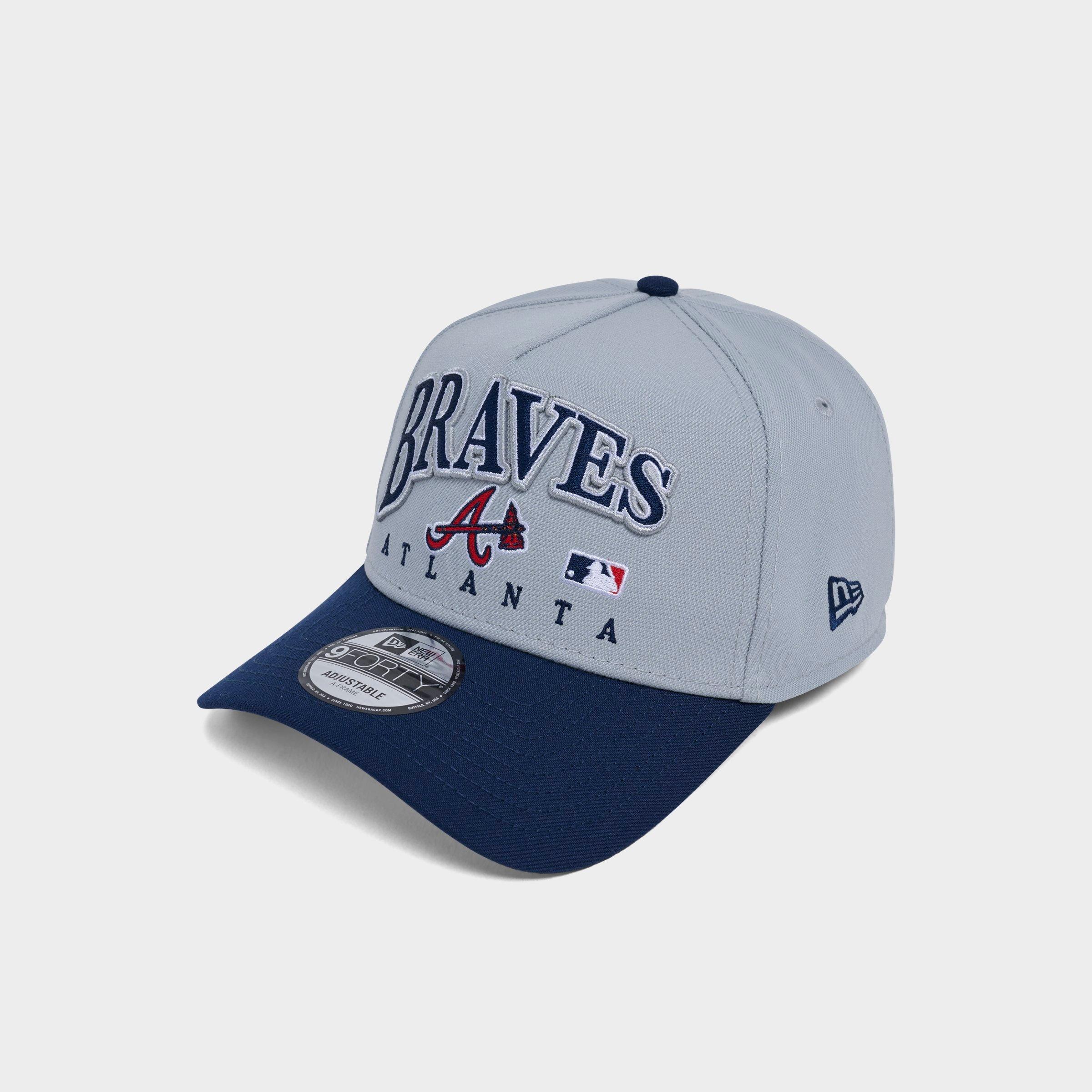 New Era Atlanta Braves MLB 9FORTY Embroidery Wordmark A-Frame Snapback Hat in Grey/Navy