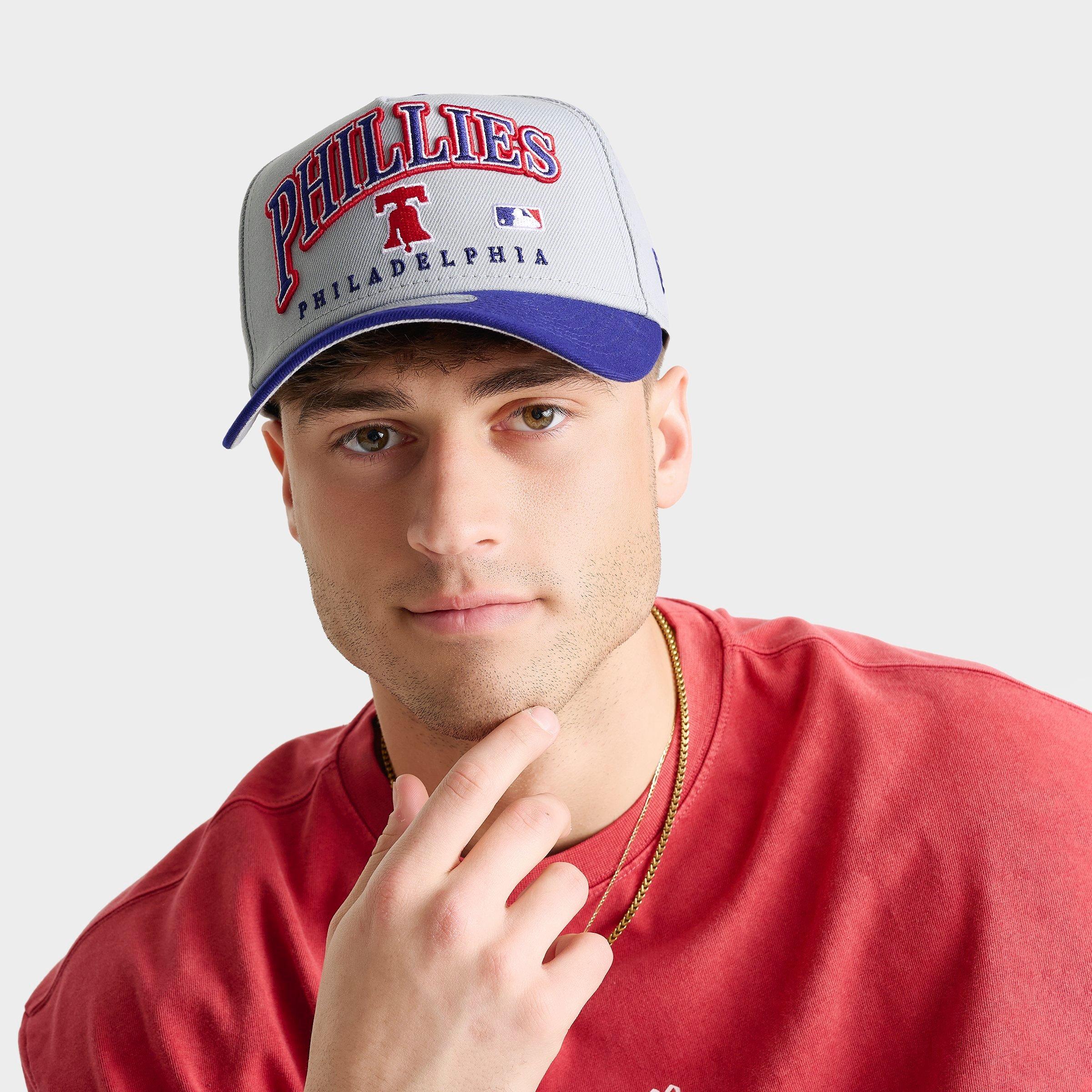 New Era Philadelphia Phillies MLB 9FORTY Embroidery Wordmark A-Frame Snapback Hat in Grey/Red