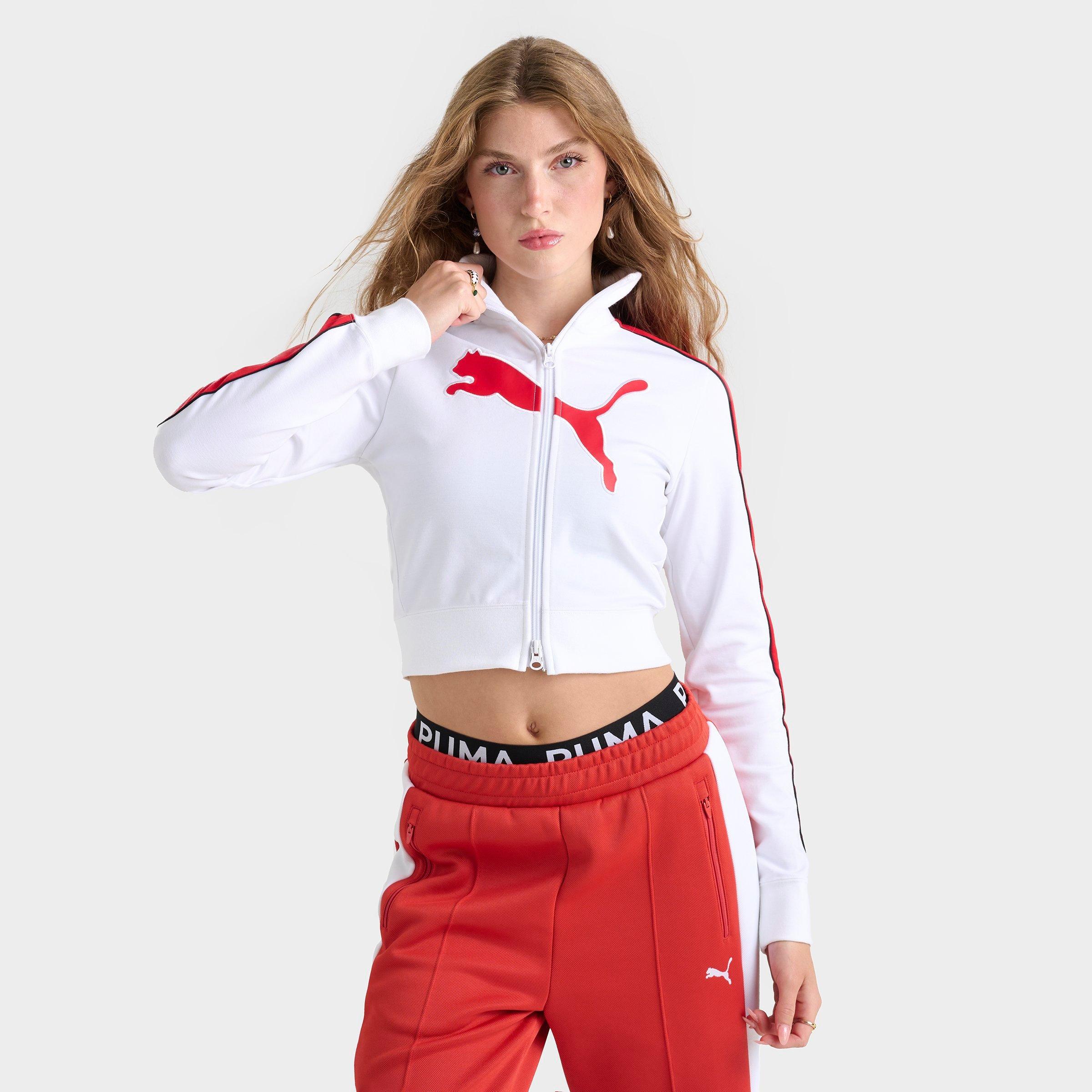 Women's Puma T7 Slim Cropped Track Jacket in Puma White/Red Fire Size: XS