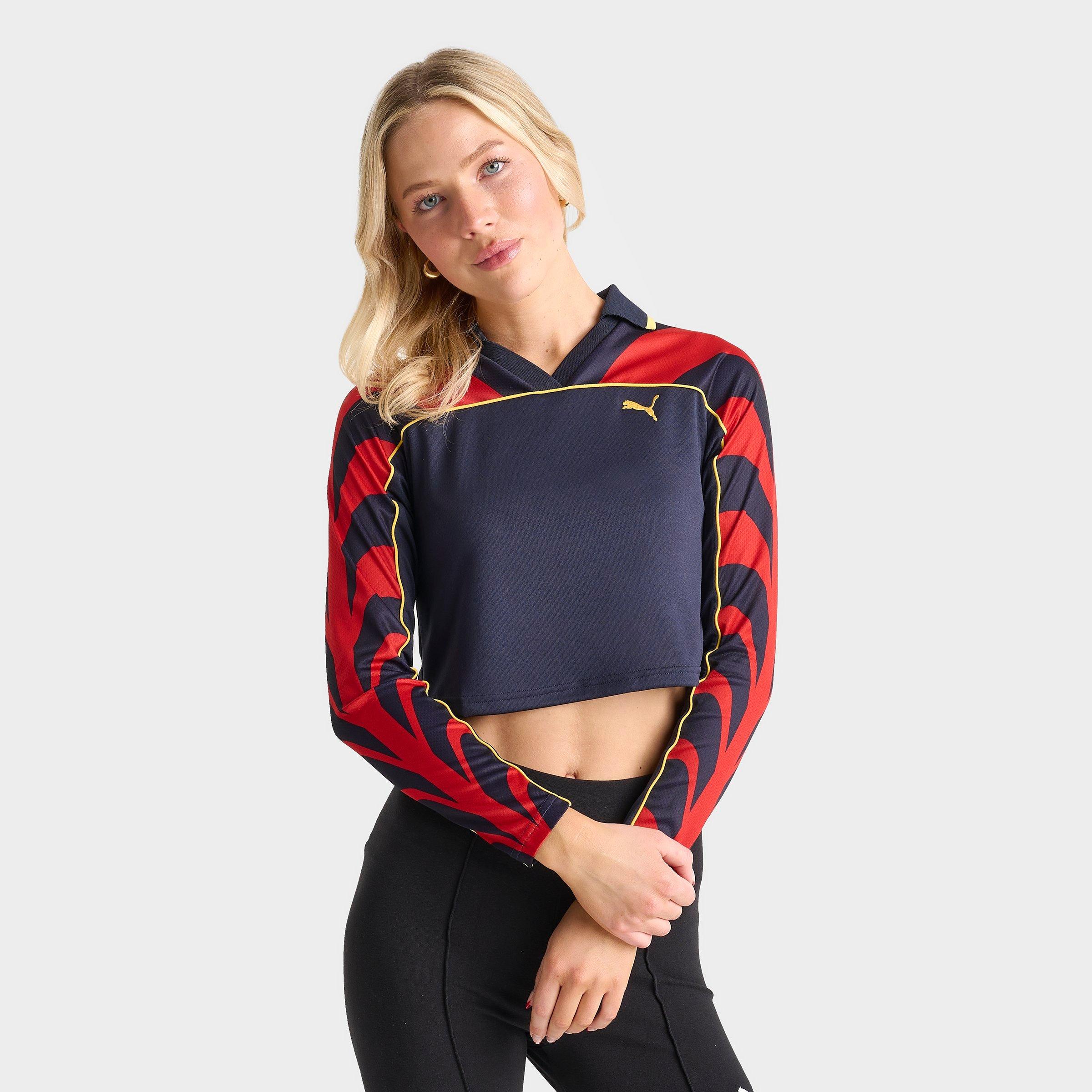 Women's Puma Crop Long-Sleeve Football Jersey in Ruby Red/Navy Blue/Golden Rod Size: XS