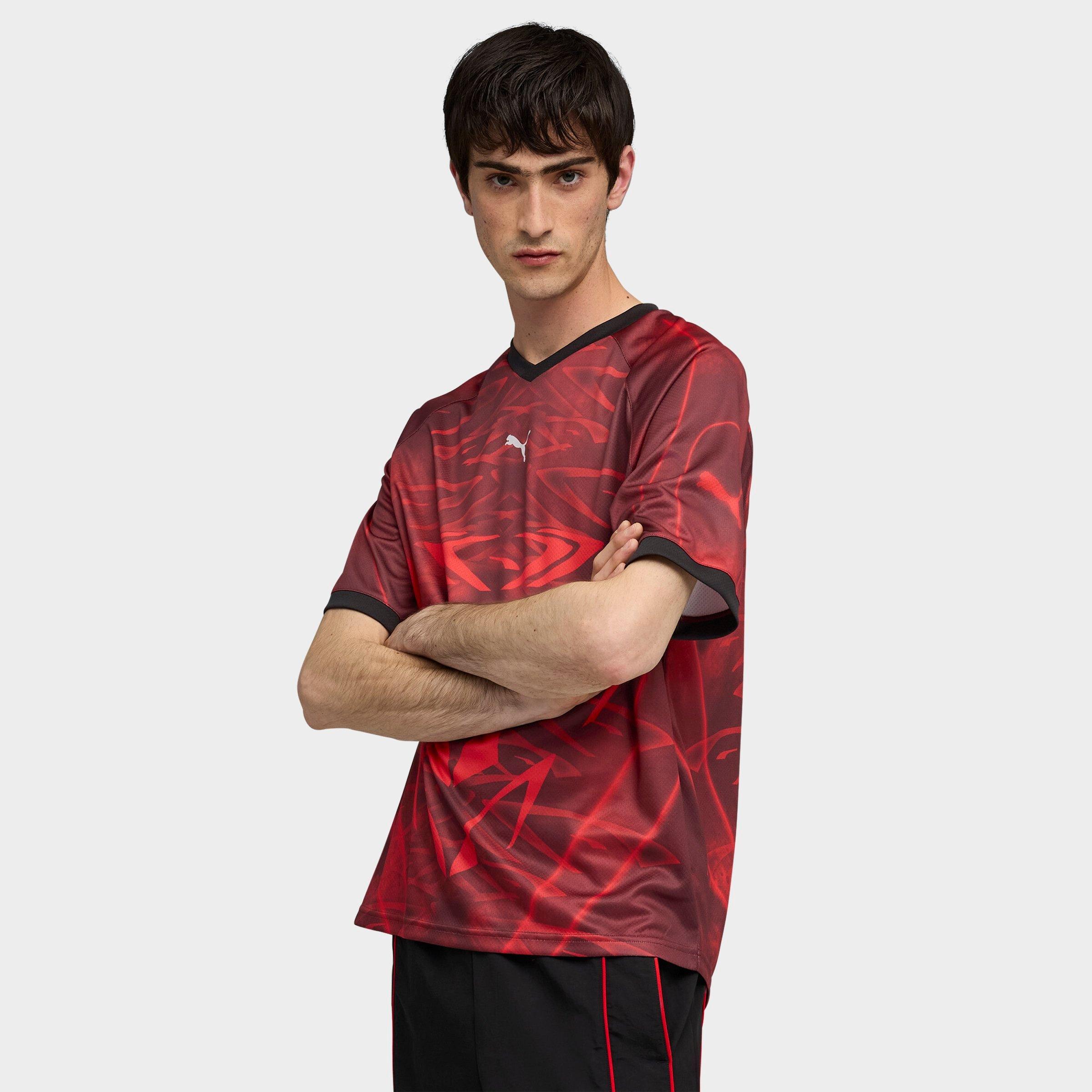 Men's Puma TECH-X Allover Print Relaxed Soccer Jersey in For All Time Red/Allover Print Size: Small