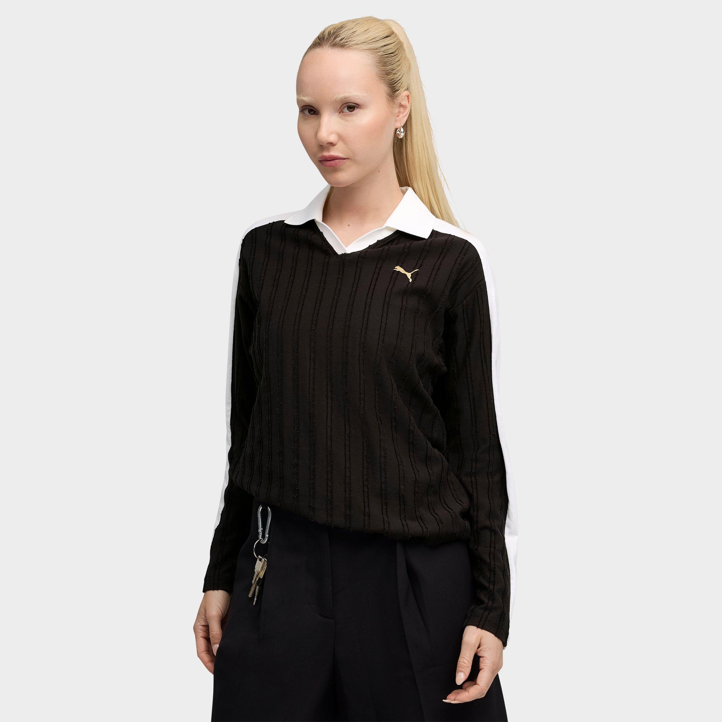 Women's Puma T7 Relaxed Long-Sleeve Polo T-Shirt in Puma Black Size: Small