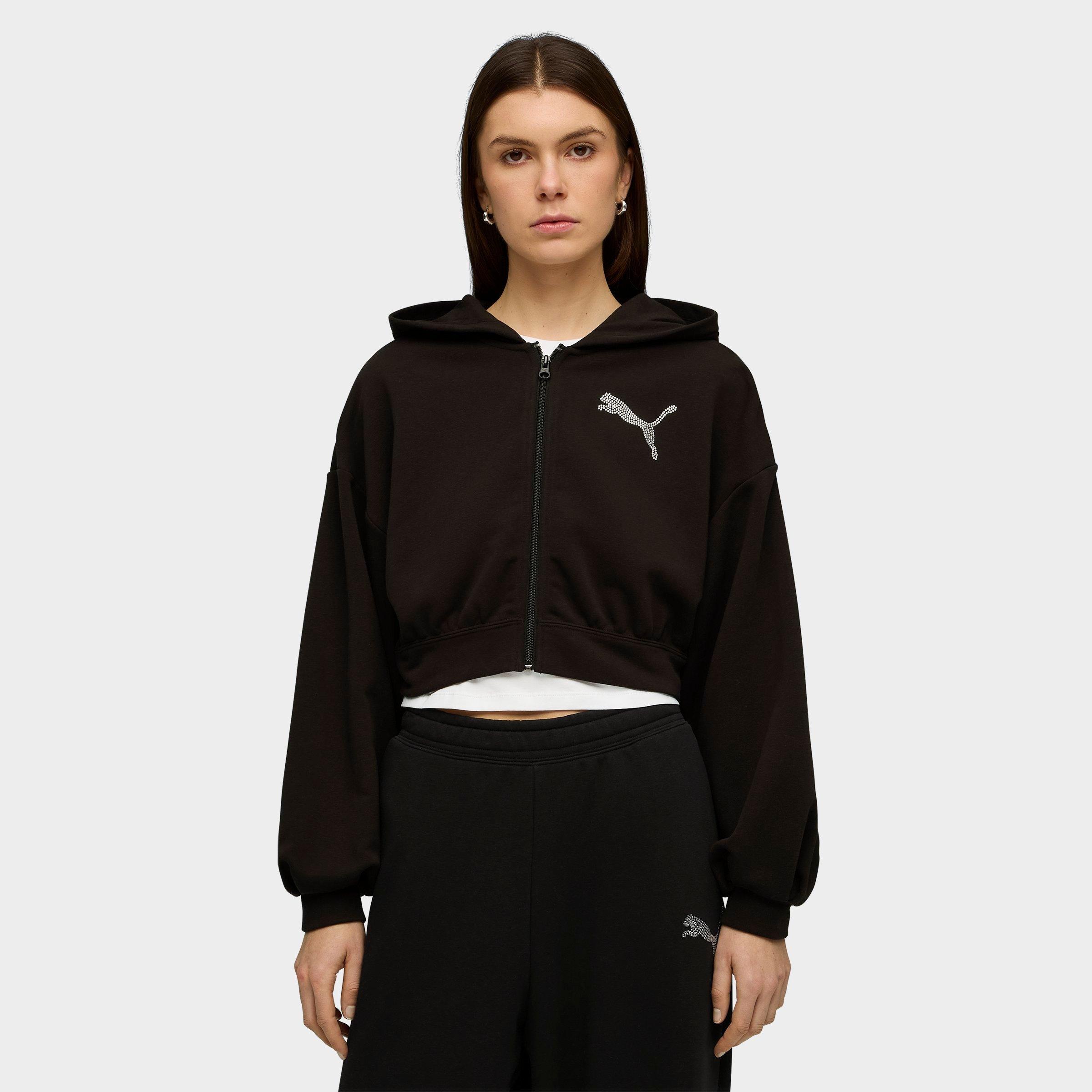 Women's Puma Essentials Graphics Bedazzled Cropped Full-Zip Hoodie in Puma Black Size: XL