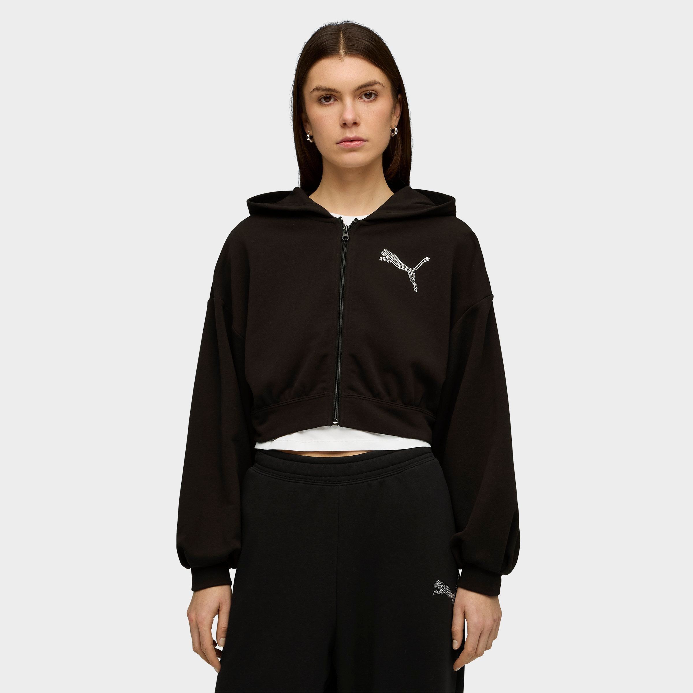 PUMA Women's Essentials Graphics Bedazzled Cropped Full-Zip Hoodie