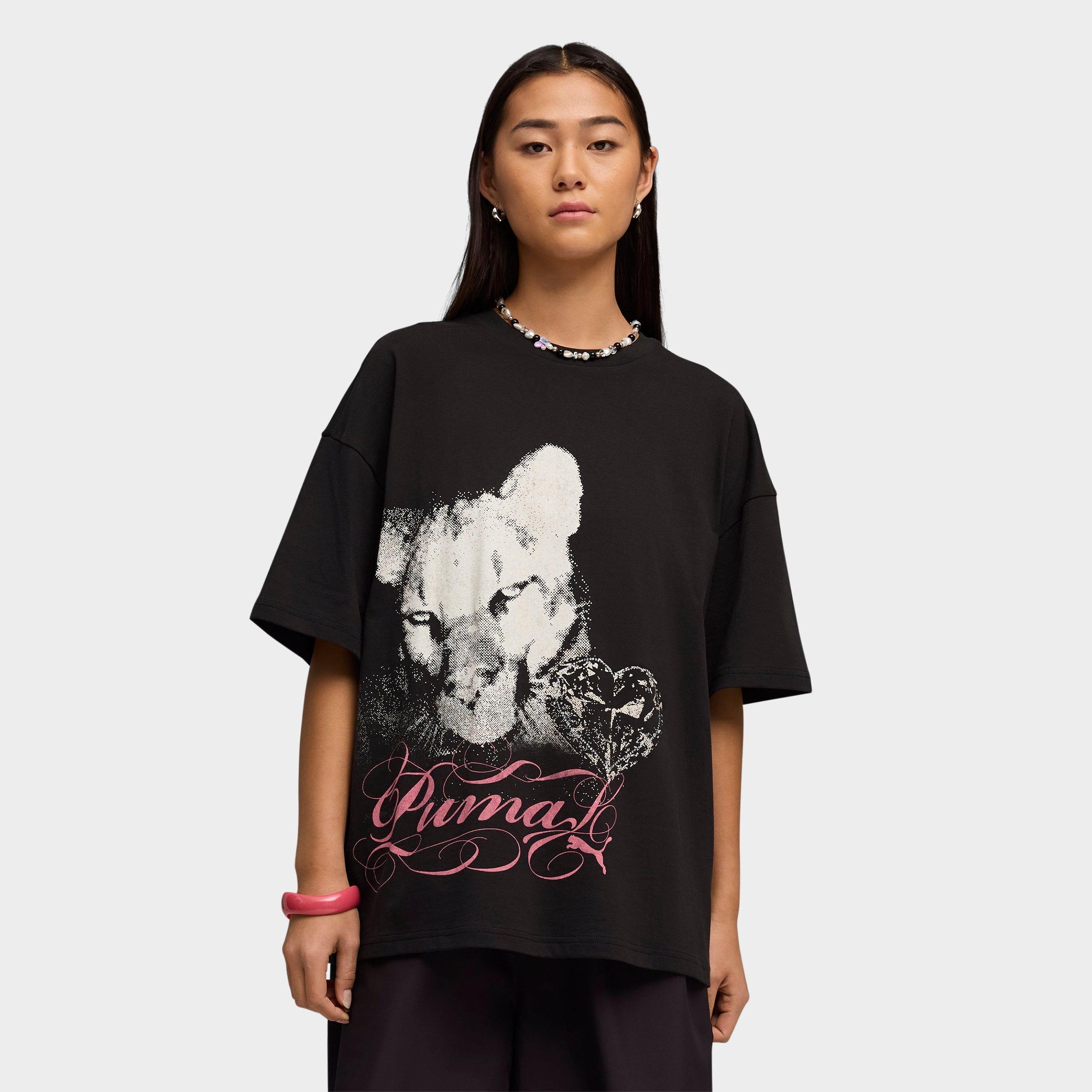 Women's Puma Street Glam Oversized Bedazzled Graphic Jersey T-Shirt in PUMA Black Size: XL