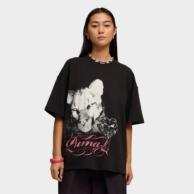 Women's Puma Street Glam Oversized Bedazzled Graphic Jersey T-Shirt 